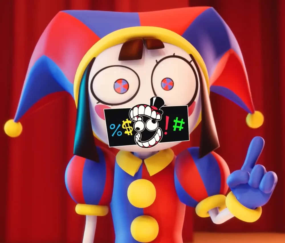 colorful jester robot character, wide eyes, gagged mouth, SD Desktop Wallpaper