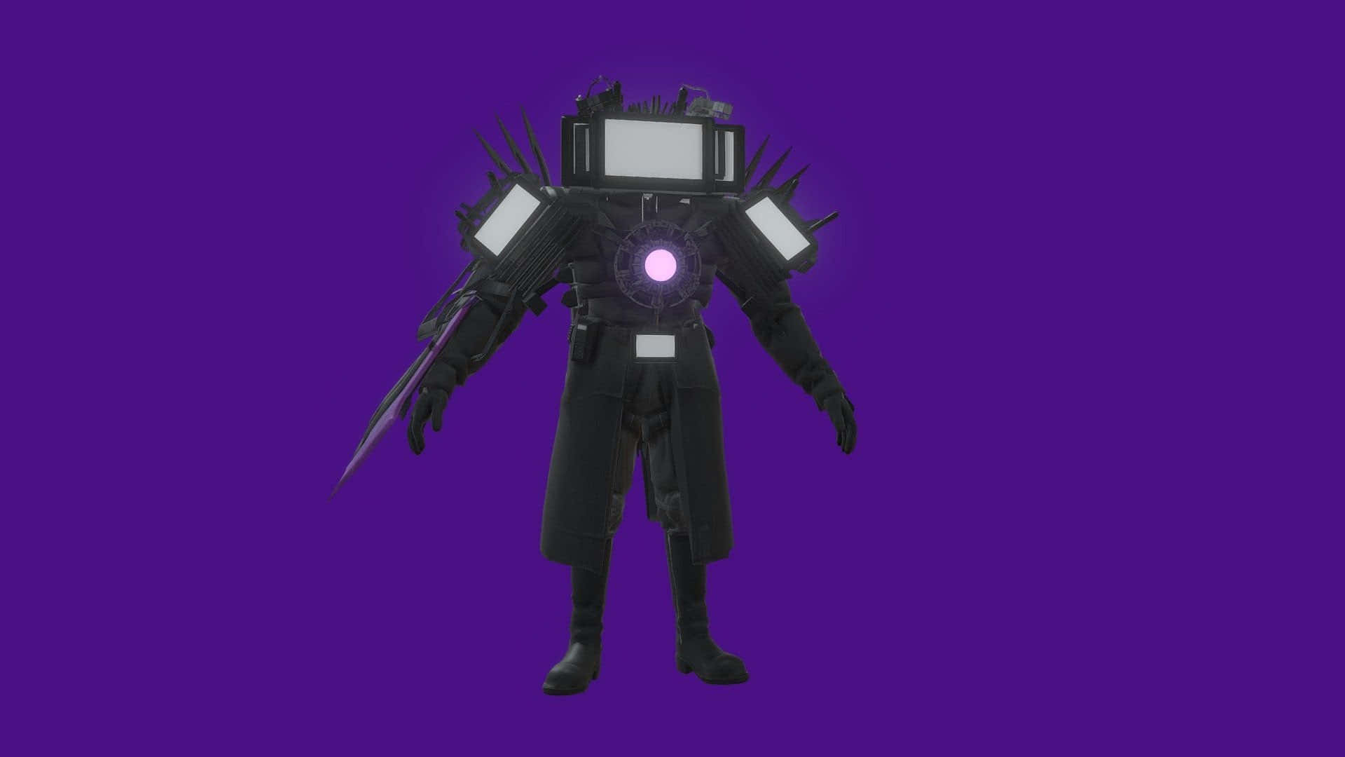 futuristic television robot character, dark armored figure, glowing purple core, Full HD Desktop Wallpaper