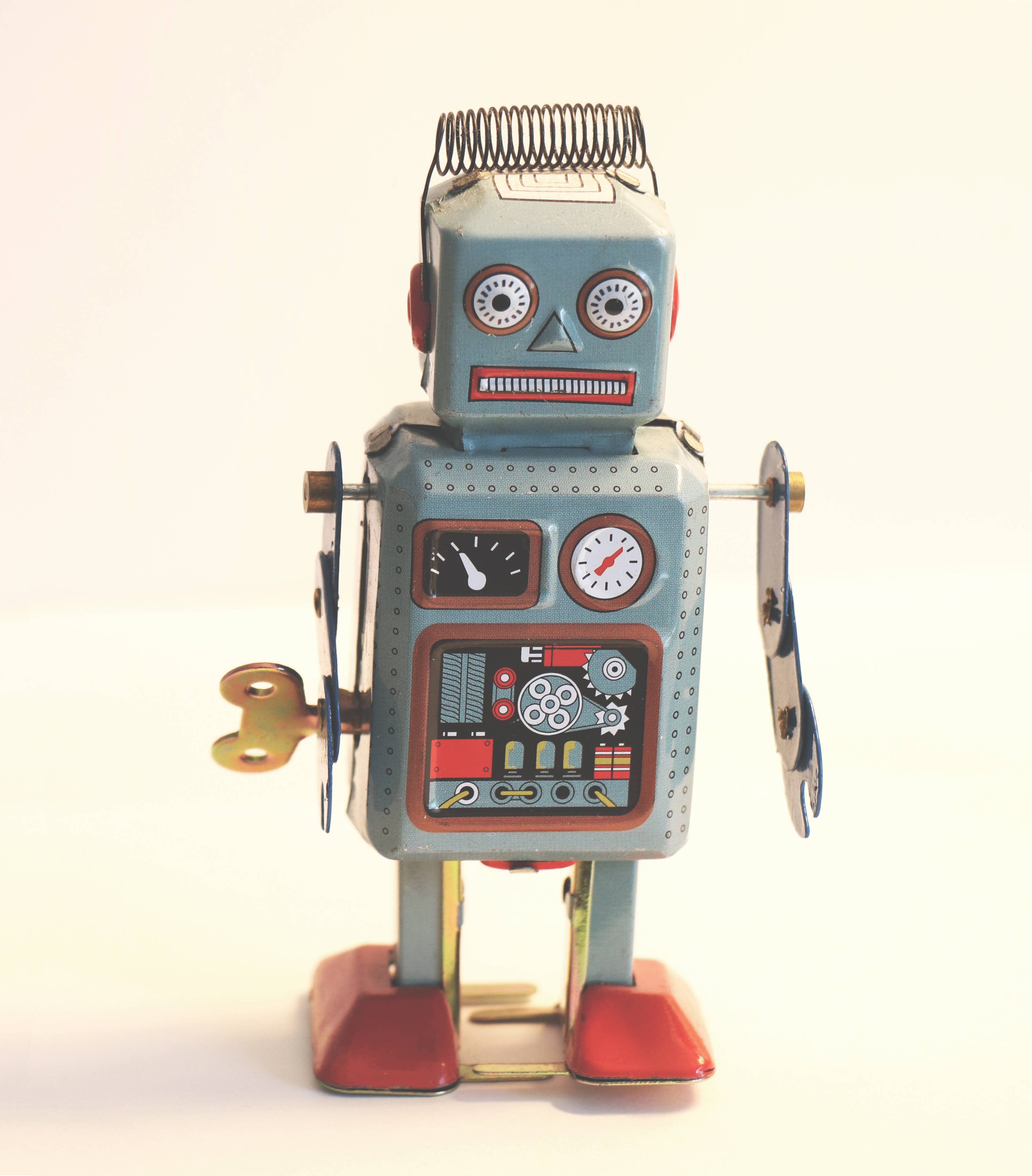 vintage tin robot toy, spring-loaded head, dials, 2K Phone Wallpaper
