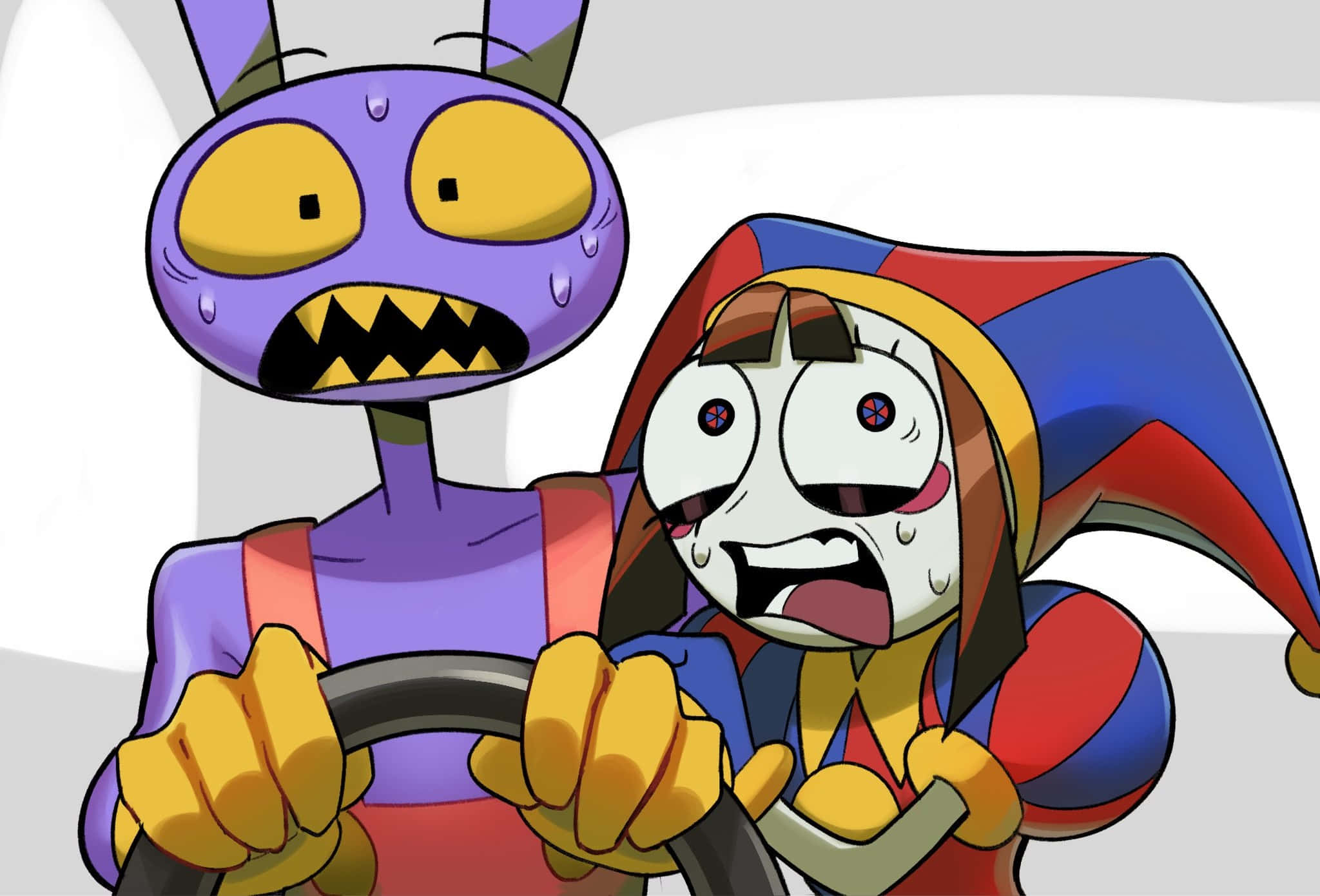 Panic Driven Robotand Jester, cartoon characters, wide eyes, Full HD Desktop Wallpaper