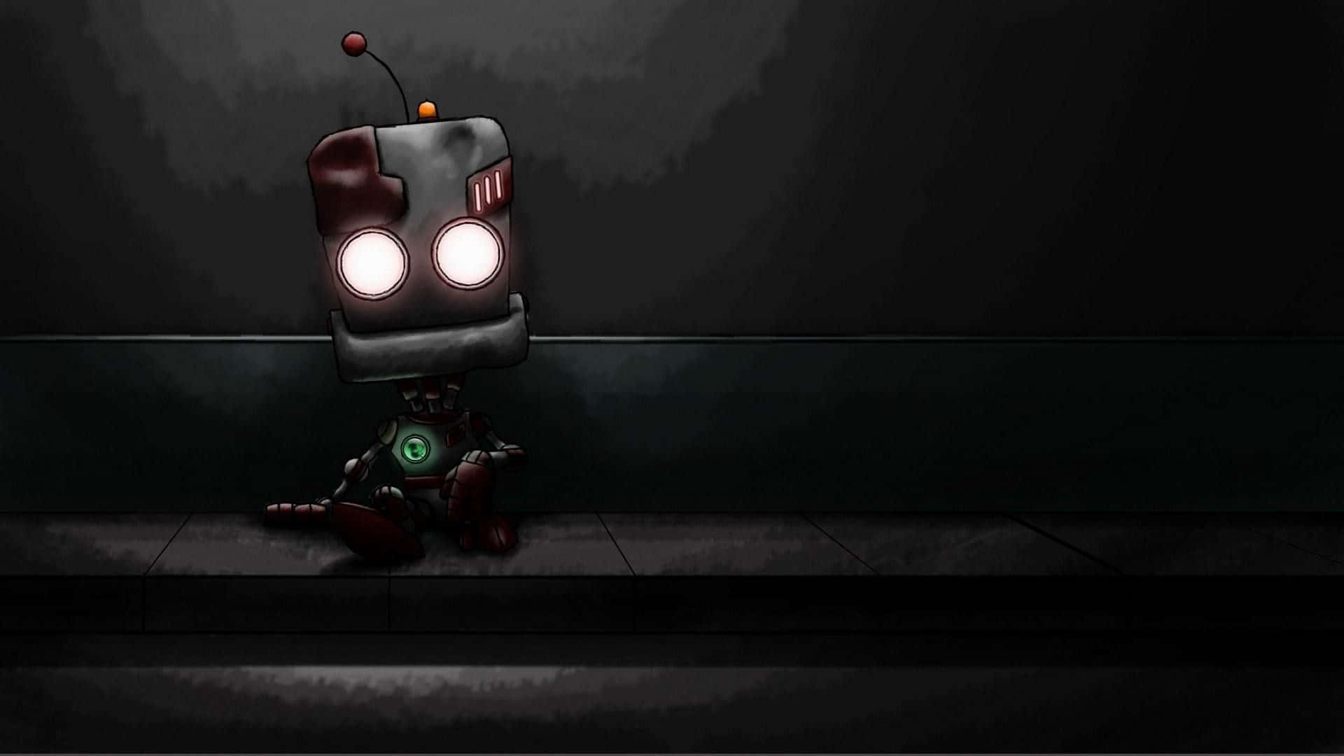 Cartoon Robot, circular saw arm, glowing eyes, Full HD Desktop Wallpaper