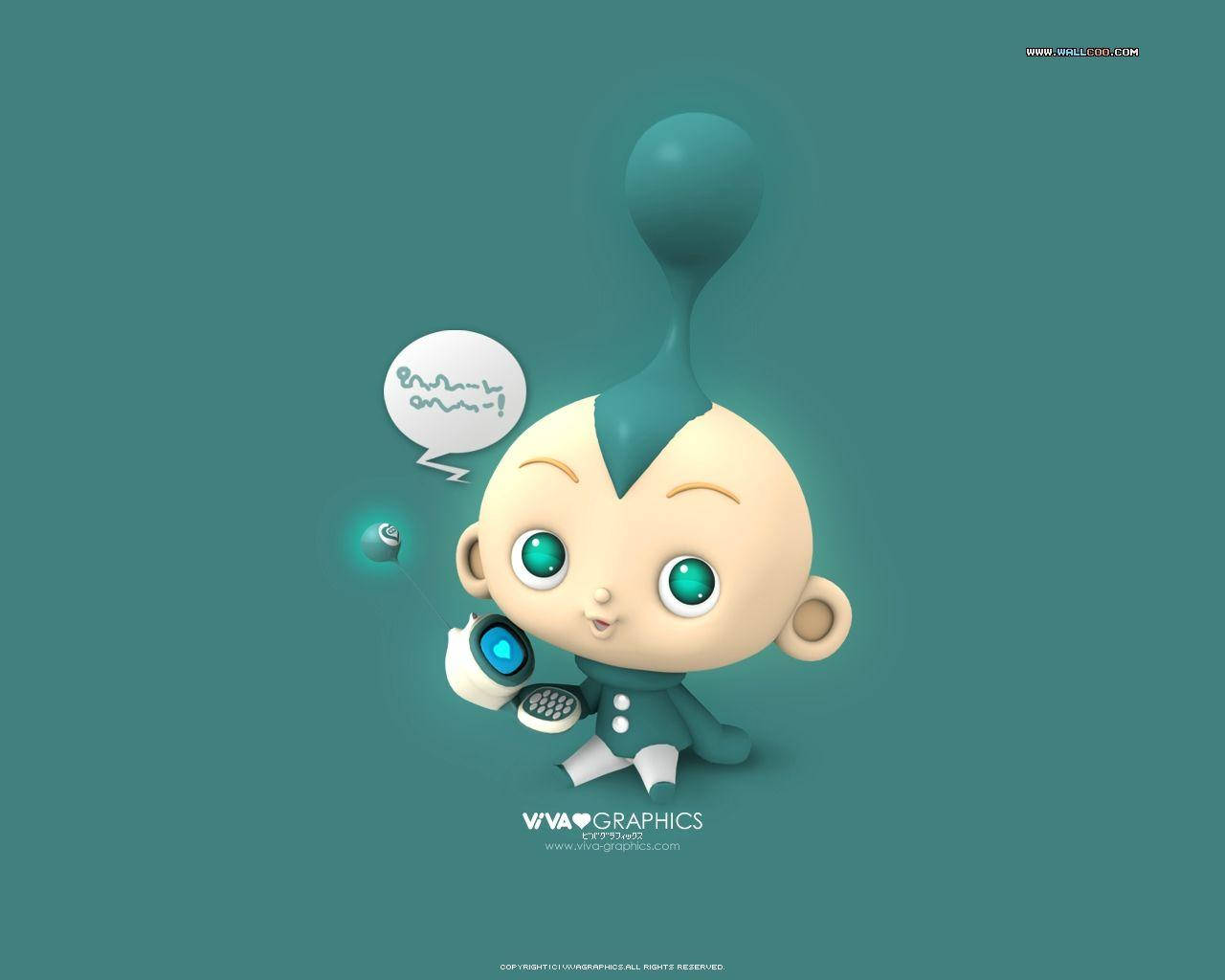 baby robot, teal hair, glowing eyes, HD Desktop Wallpaper