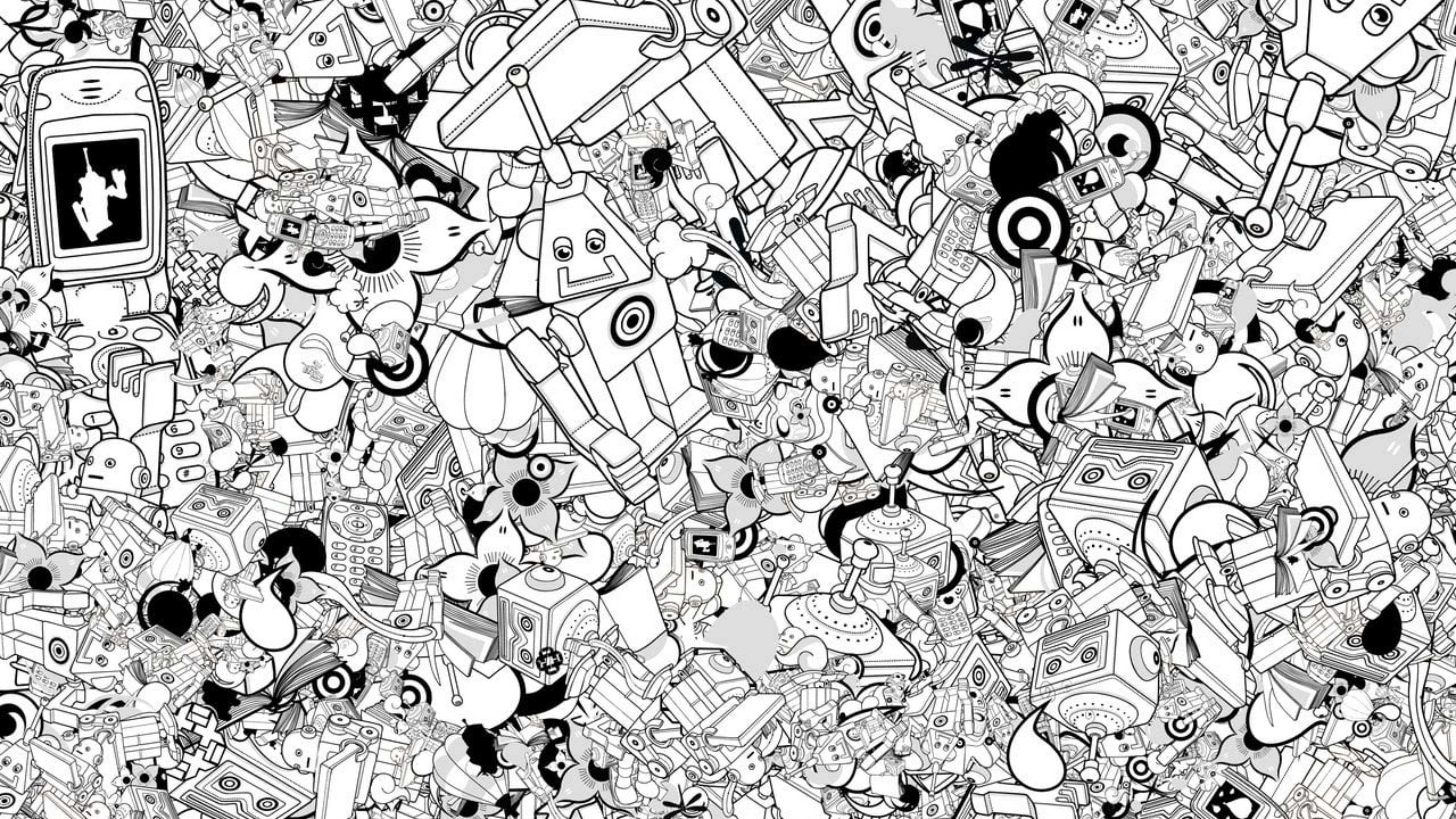 doodle art robot, black and white doodle collage, robots, 4K Desktop Wallpaper