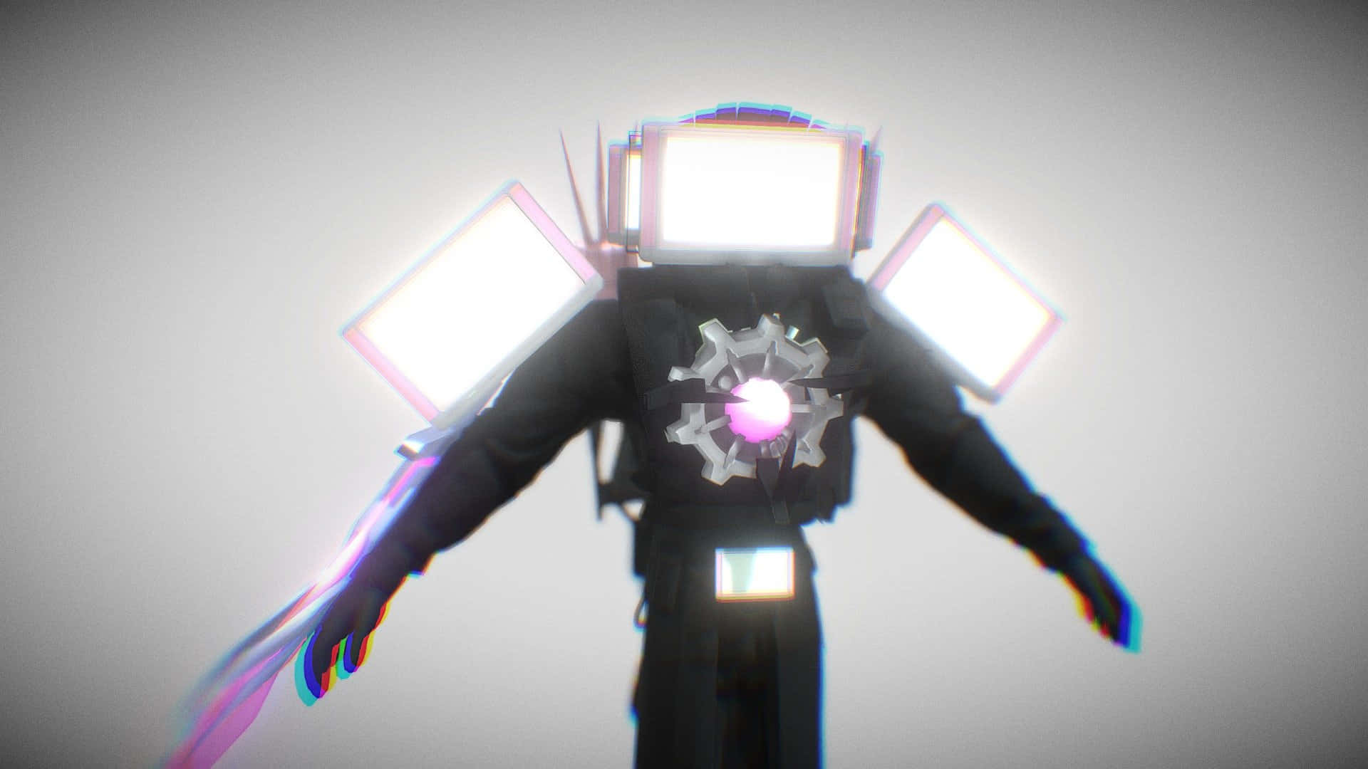 futuristic television head robot, glowing square headlights, pulsing pink core, Full HD Desktop Wallpaper