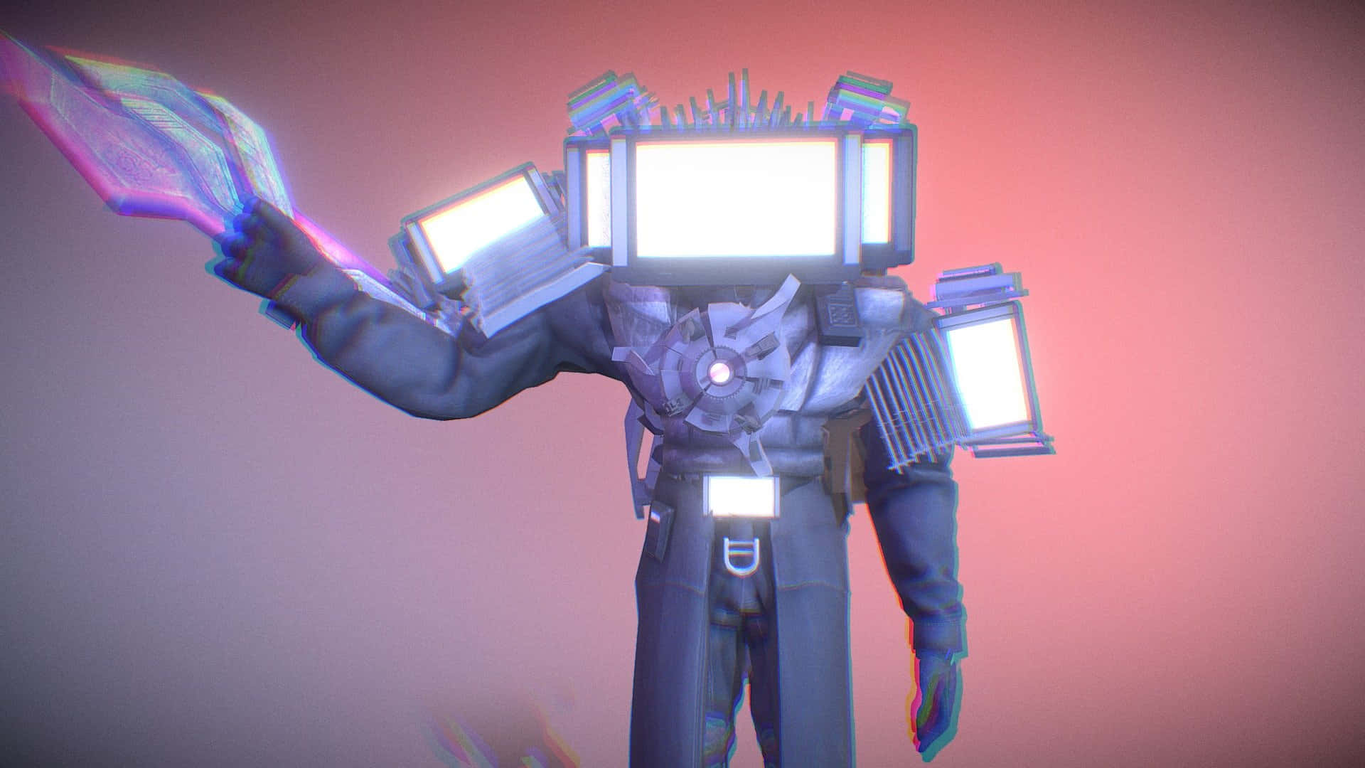 futuristic humanoid robot, glowing screens for a head, neon energy blade, Full HD Desktop Wallpaper