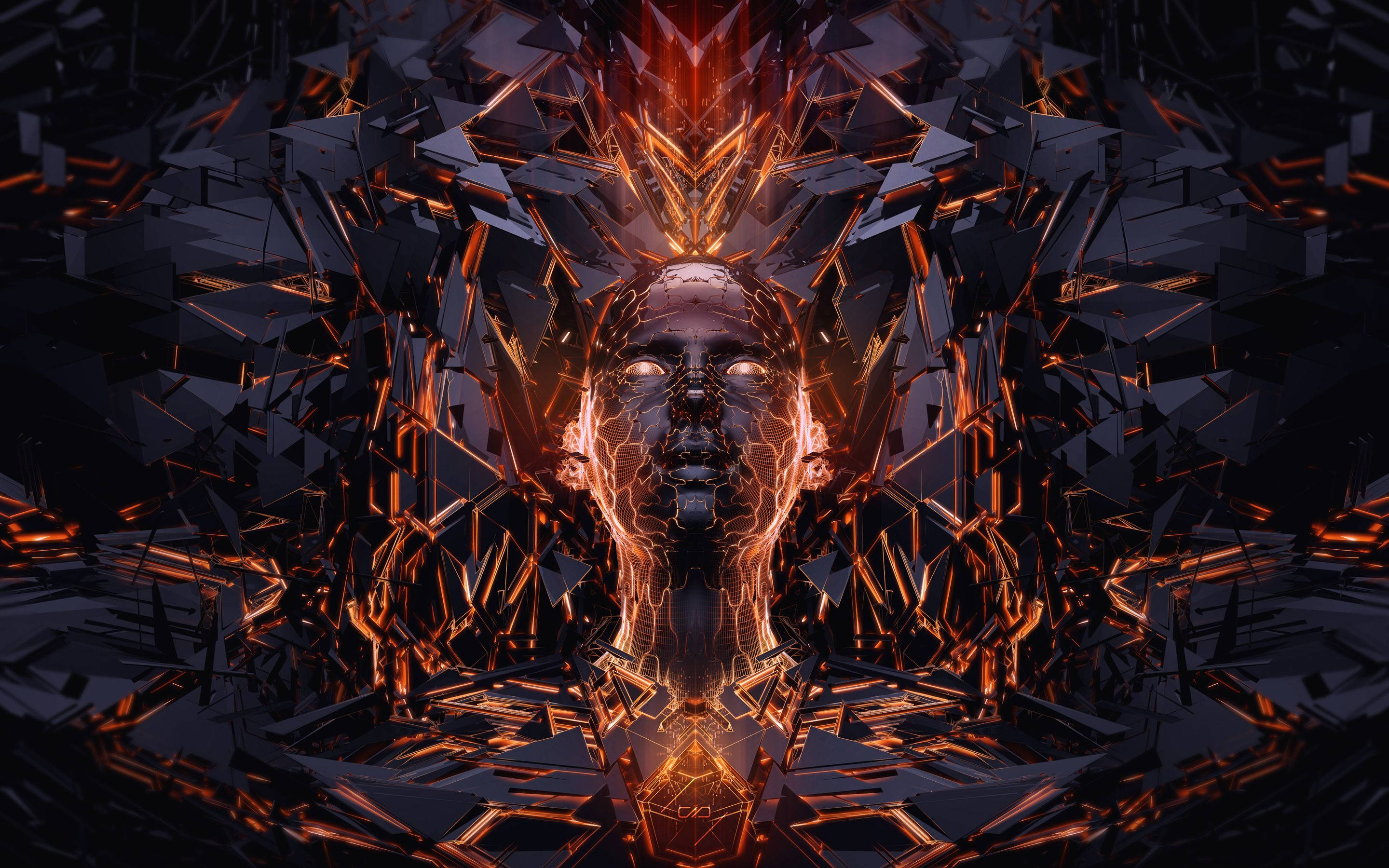 glowing orange, black geometric face, shattered crystalline fragments, 2K Desktop Wallpaper