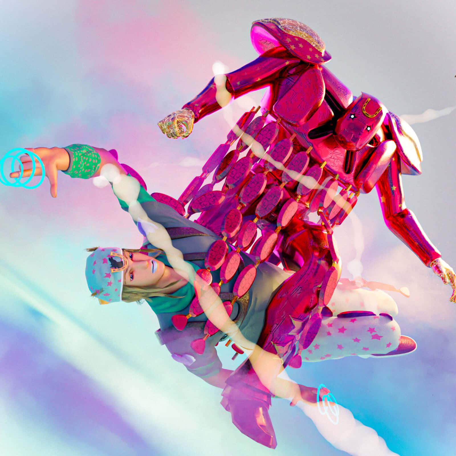 surreal anime character, pink metallic robot, pastel sky, HD Desktop Wallpaper