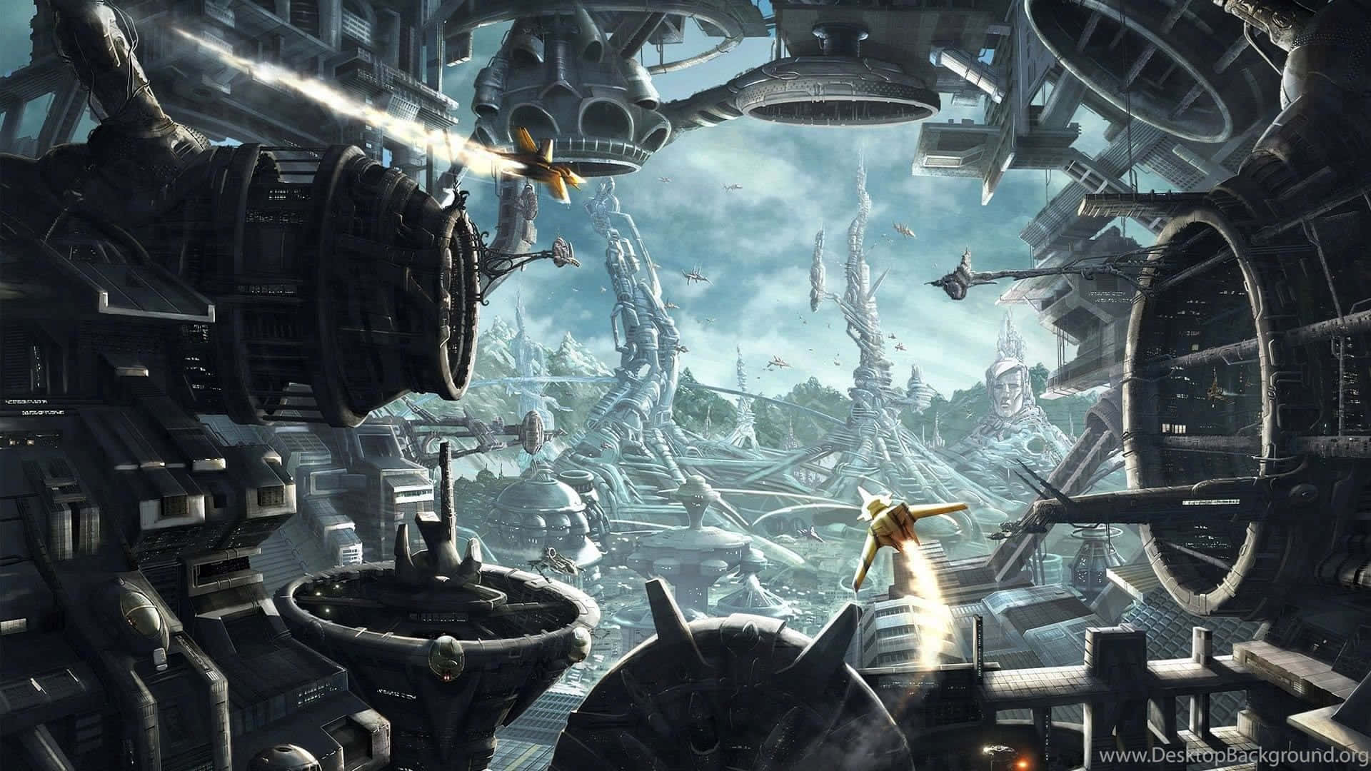 Futuristic Space City, towering metallic structures, flying vehicles, Full HD Desktop Wallpaper