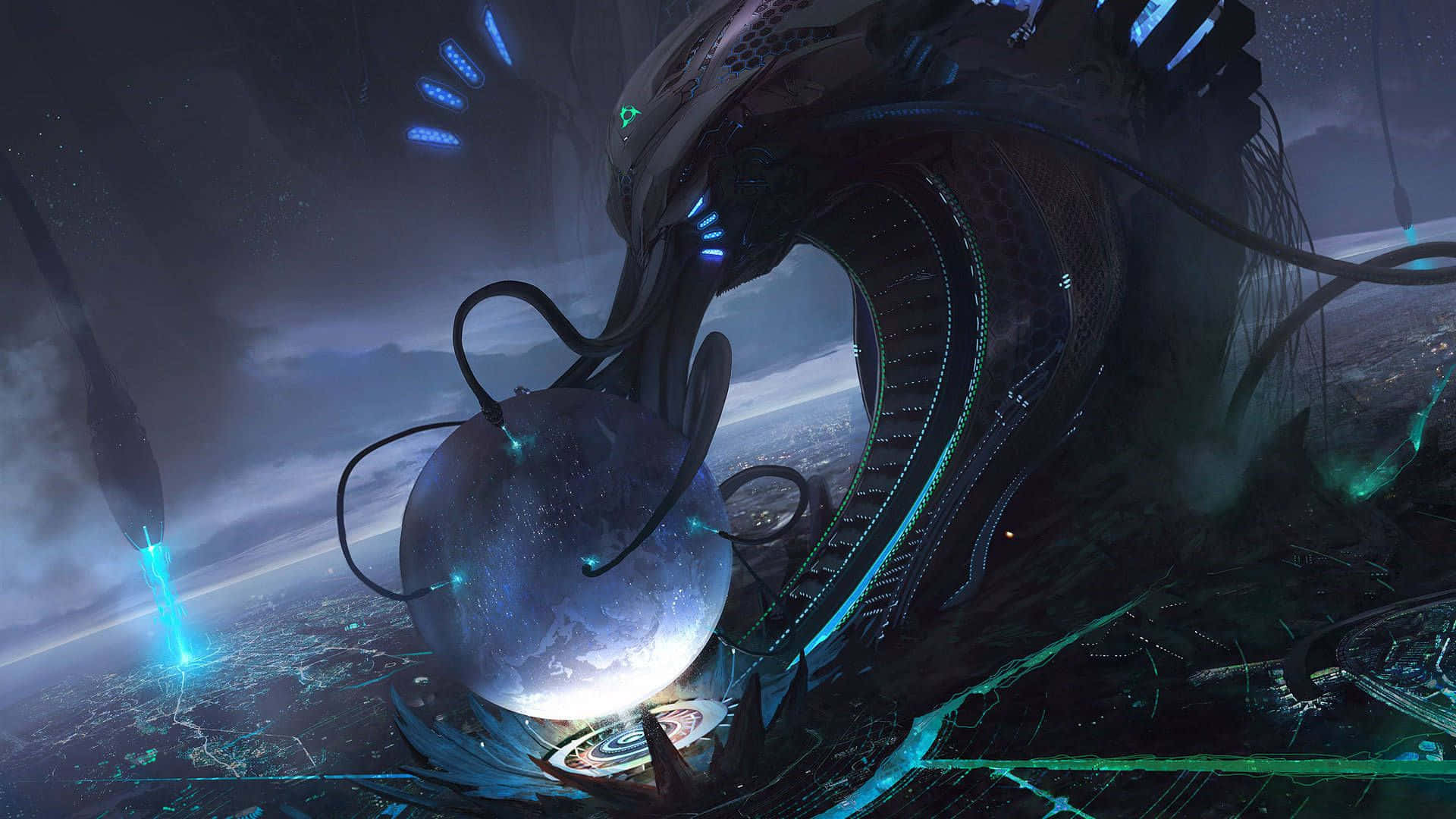 cartoon sci-fi, biomechanical entity, glowing blue veins, Full HD Desktop Wallpaper