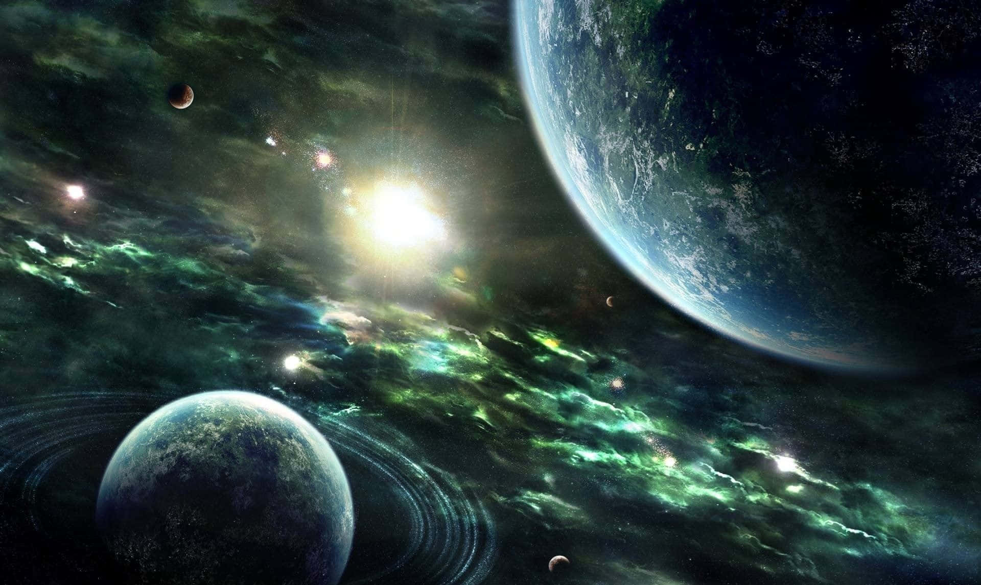 Futuristic Cartoon Sci-fi City, glowing sun, swirling green nebulae, Full HD Desktop Wallpaper