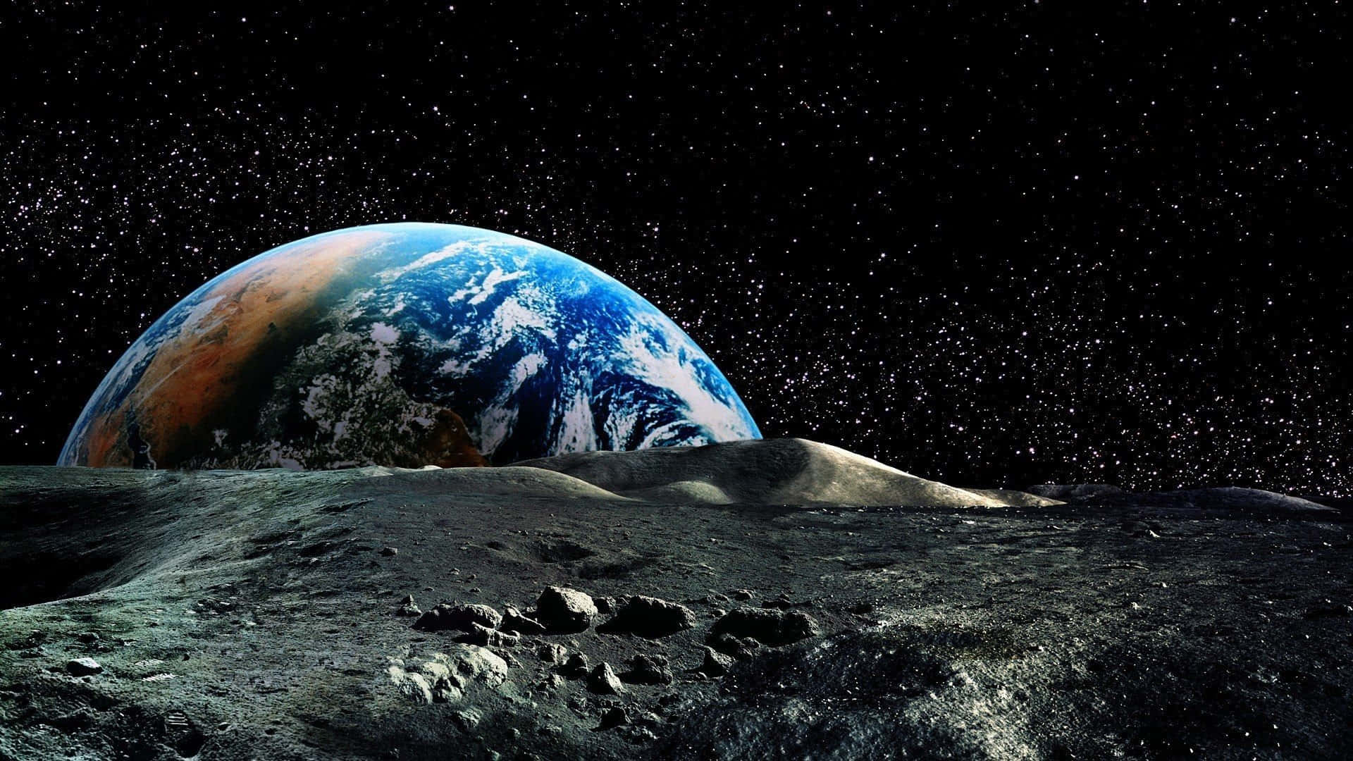 Futuristic Cartoon Sci-Fi City, Earth, cratered lunar landscape, Full HD Desktop Wallpaper