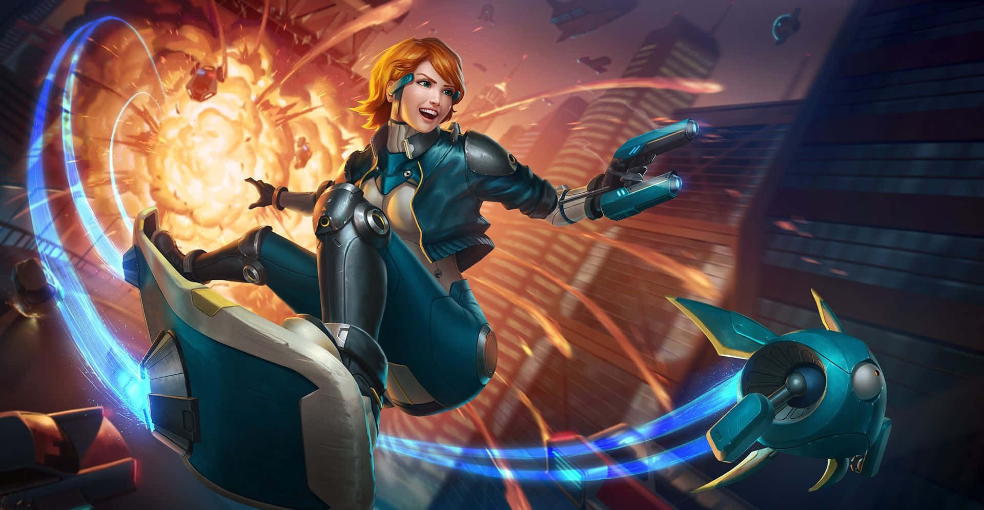 fiery-haired female hero, teal armor, futuristic jetpack, Full HD Desktop Wallpaper