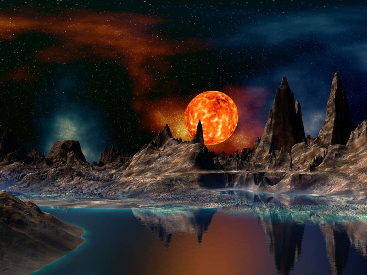 fiery orange sun, jagged alien mountains, calm blue lake, HD Desktop Wallpaper