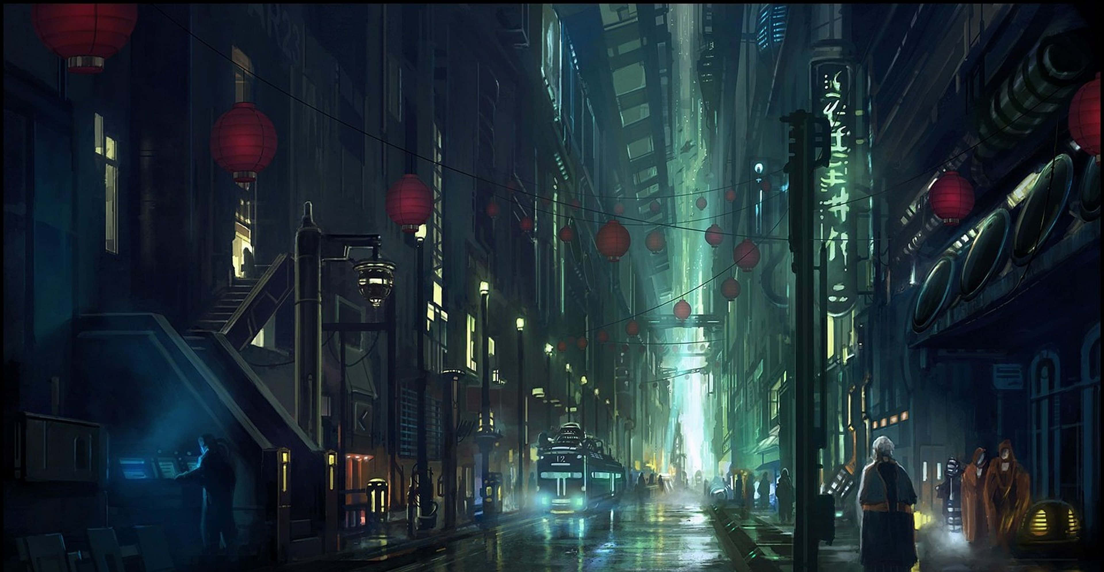Futuristic Cartoon Sci-fi Cityscape, neon-lit cyberpunk alleyway, night, 4K Desktop Wallpaper