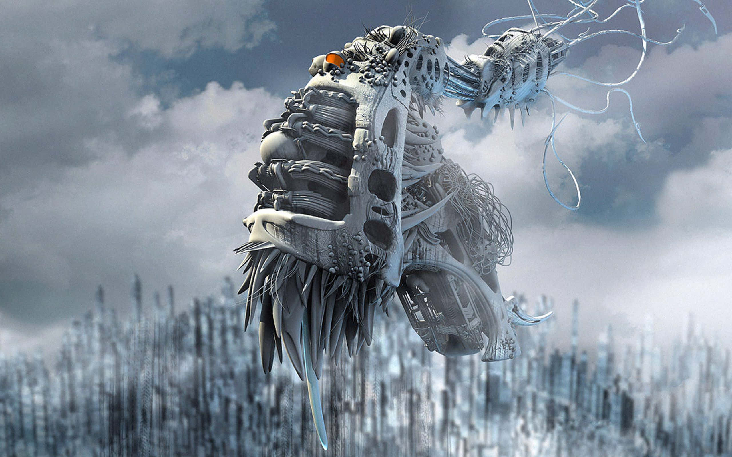 biomechanical creature, glowing orange eyes, futuristic cityscape, 2K Desktop Wallpaper