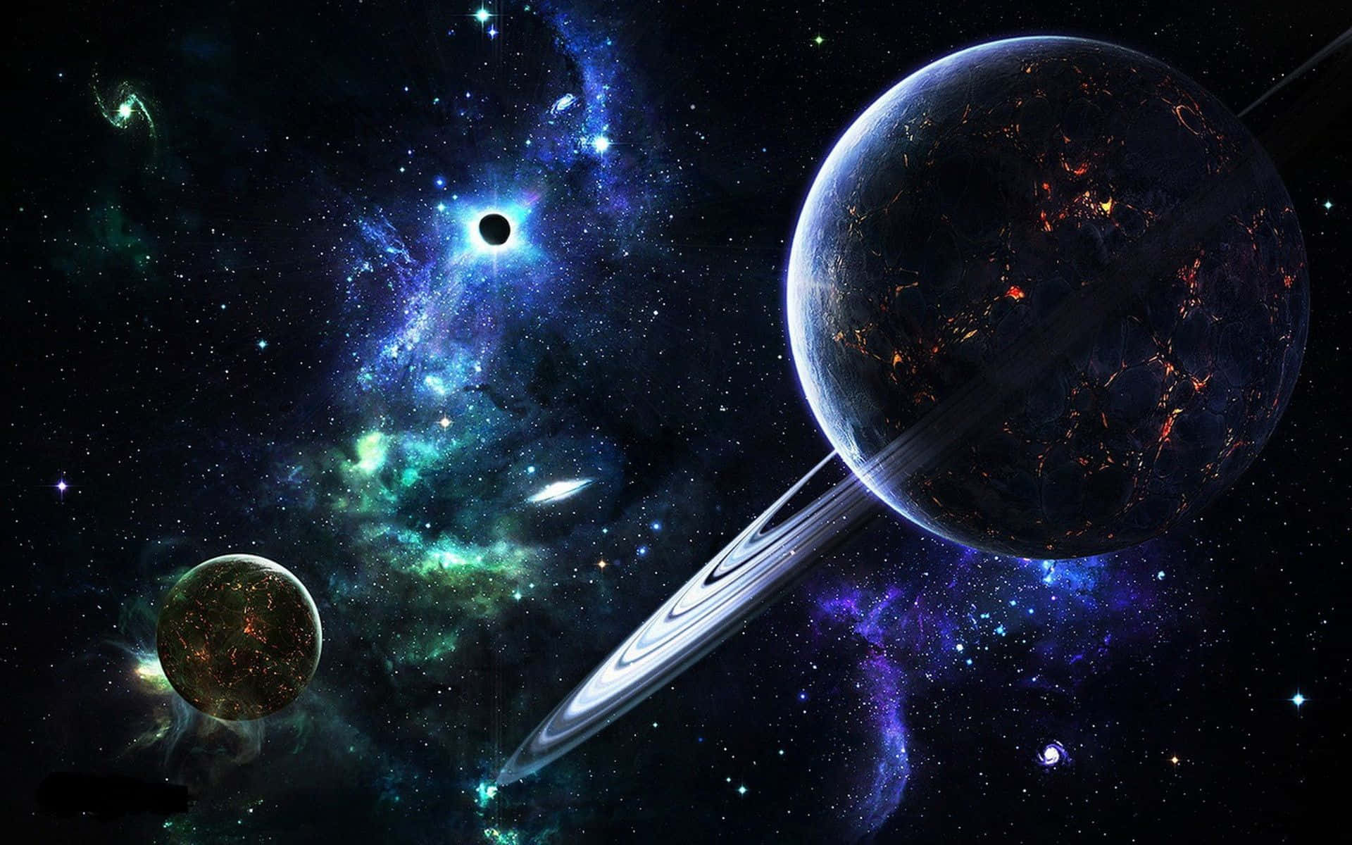 cosmic scene, glowing planet, rings, Full HD Desktop Wallpaper