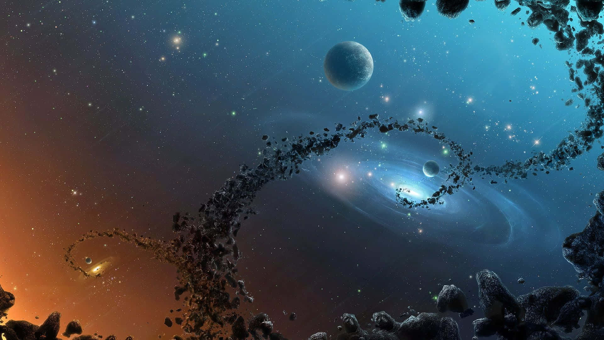 cosmic spiral galaxy, blue and white, floating asteroids, Full HD Desktop Wallpaper