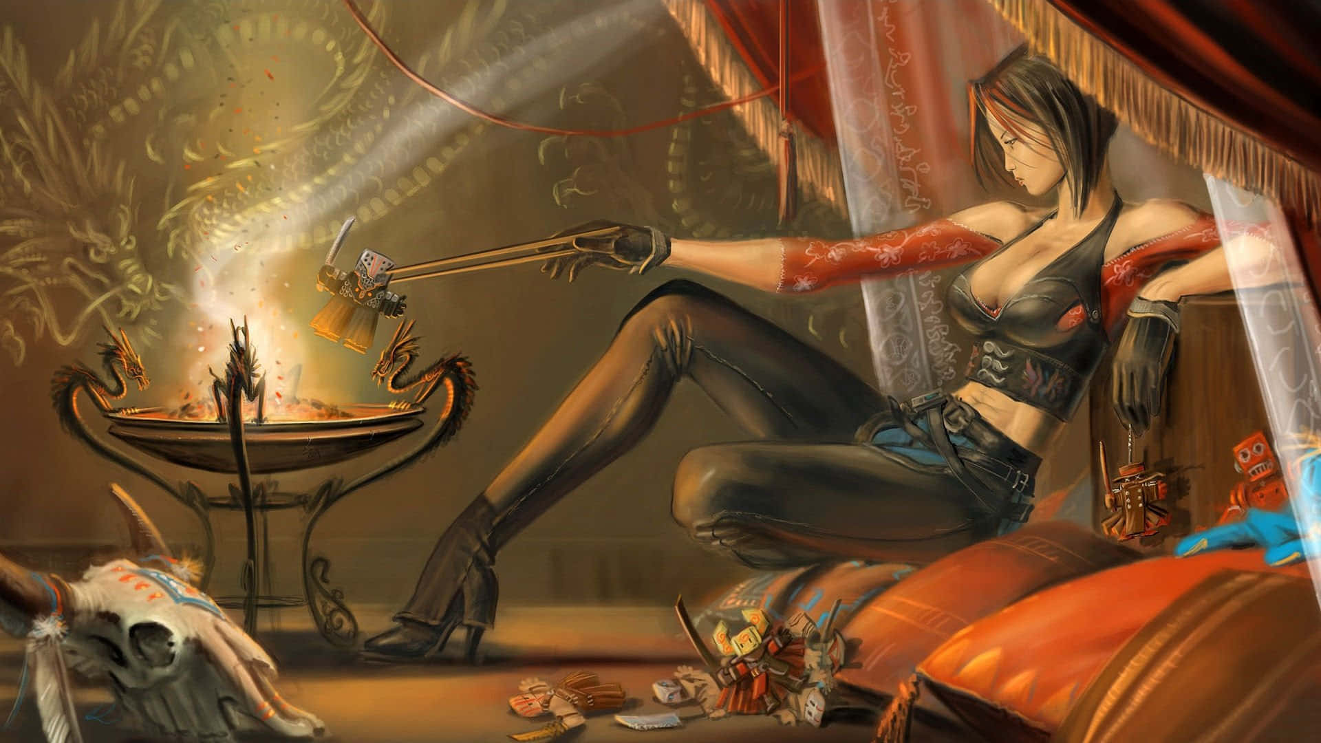 dark leather, tongs, dragon-themed brazier, Full HD Desktop Wallpaper