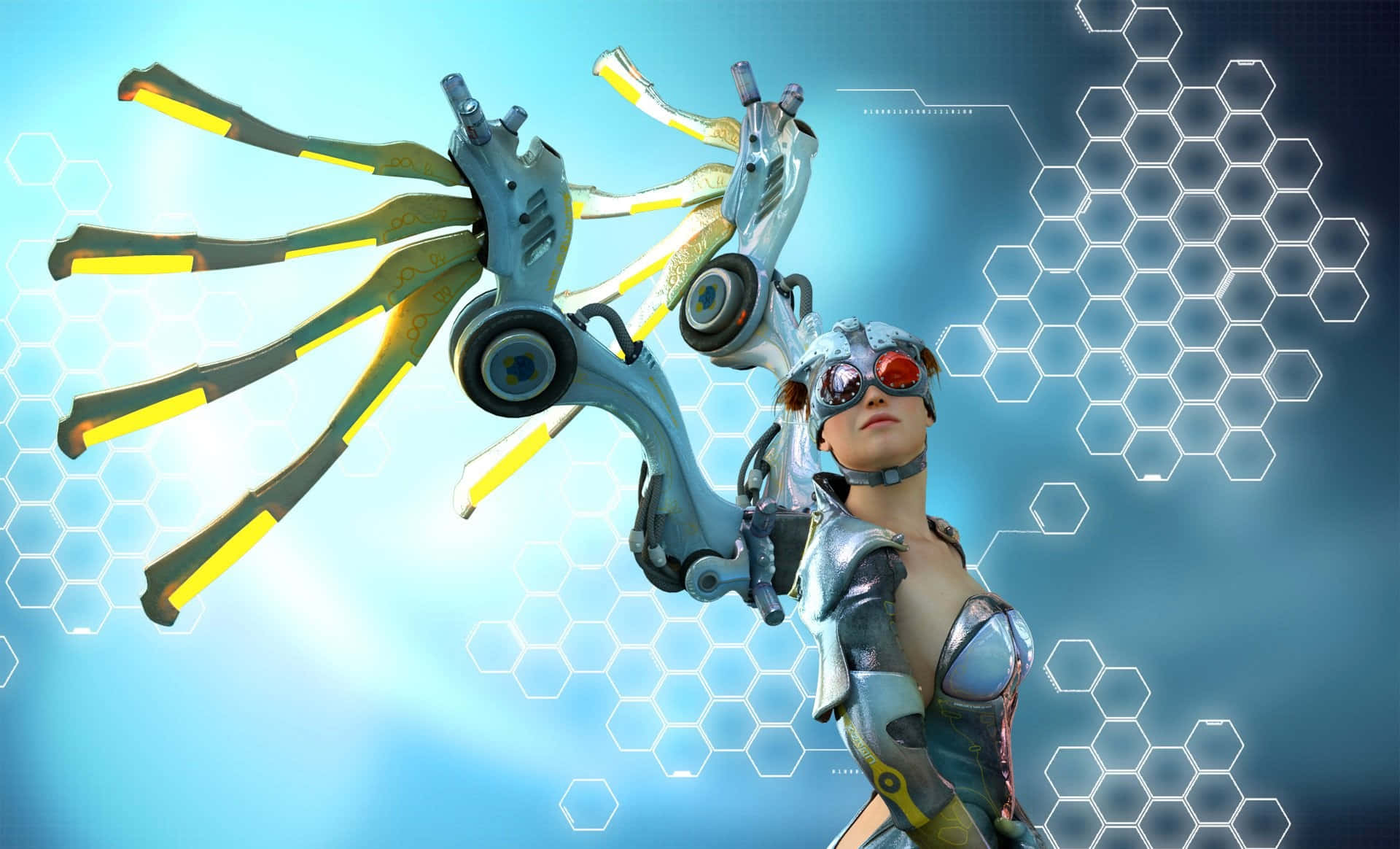 cybernetic warrior, glowing red goggles, futuristic weapon, Full HD Desktop Wallpaper