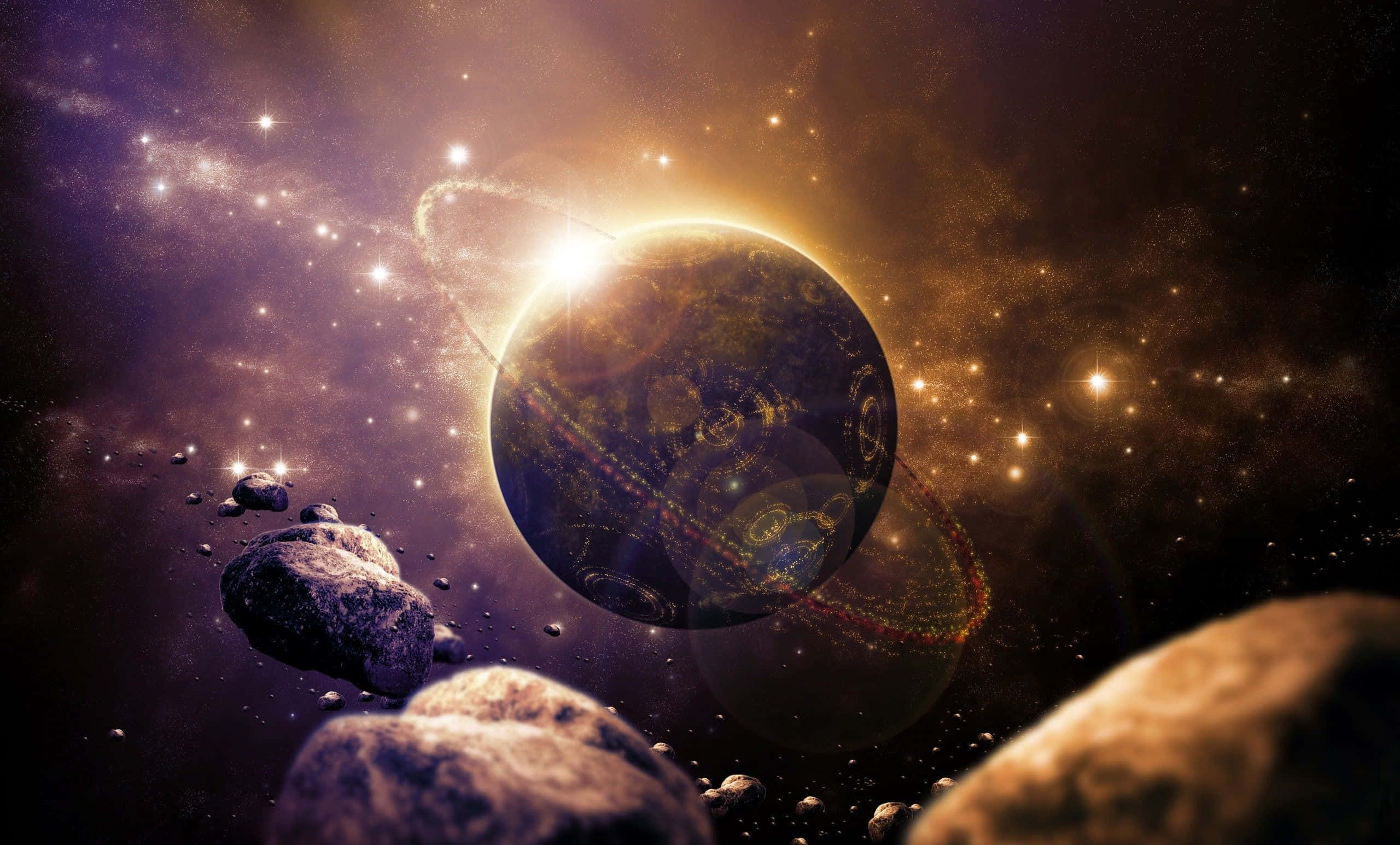 Futuristic Spacecraft, glowing planet with rings, ancient symbols, 2K Desktop Wallpaper