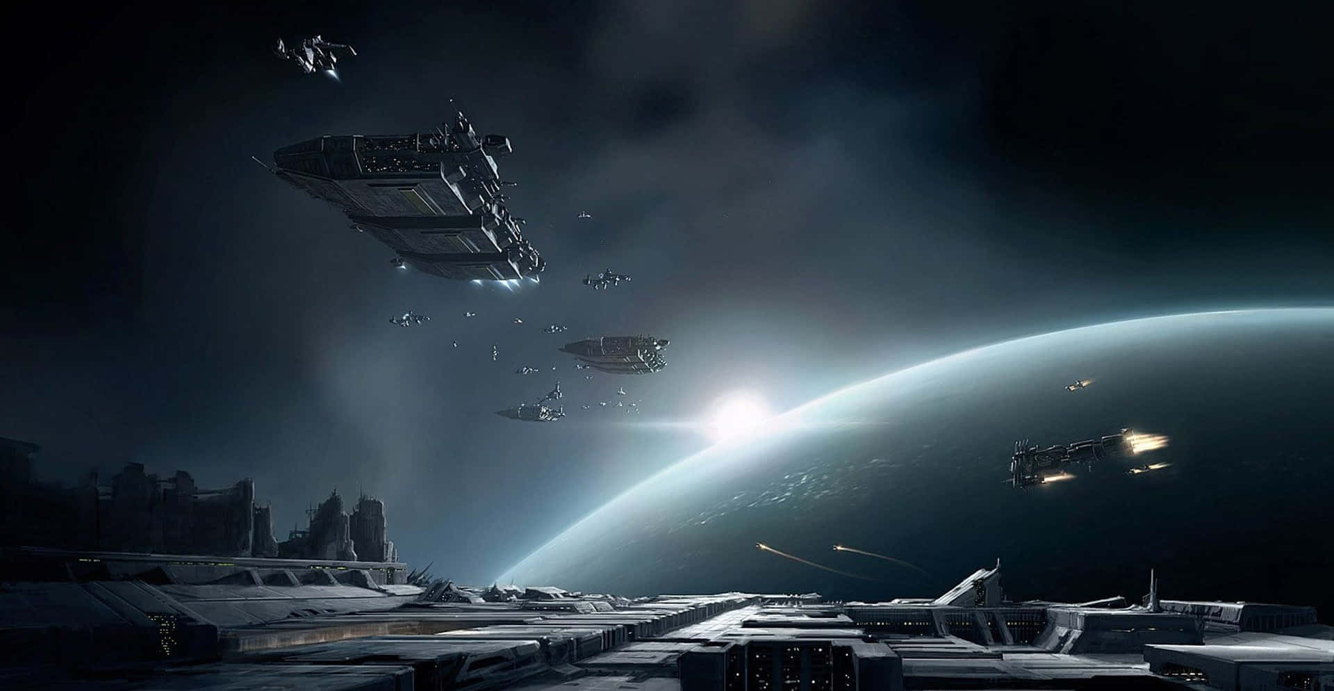 Cartoon Sci-fi, futuristic spaceships, glowing planet, Full HD Desktop Wallpaper