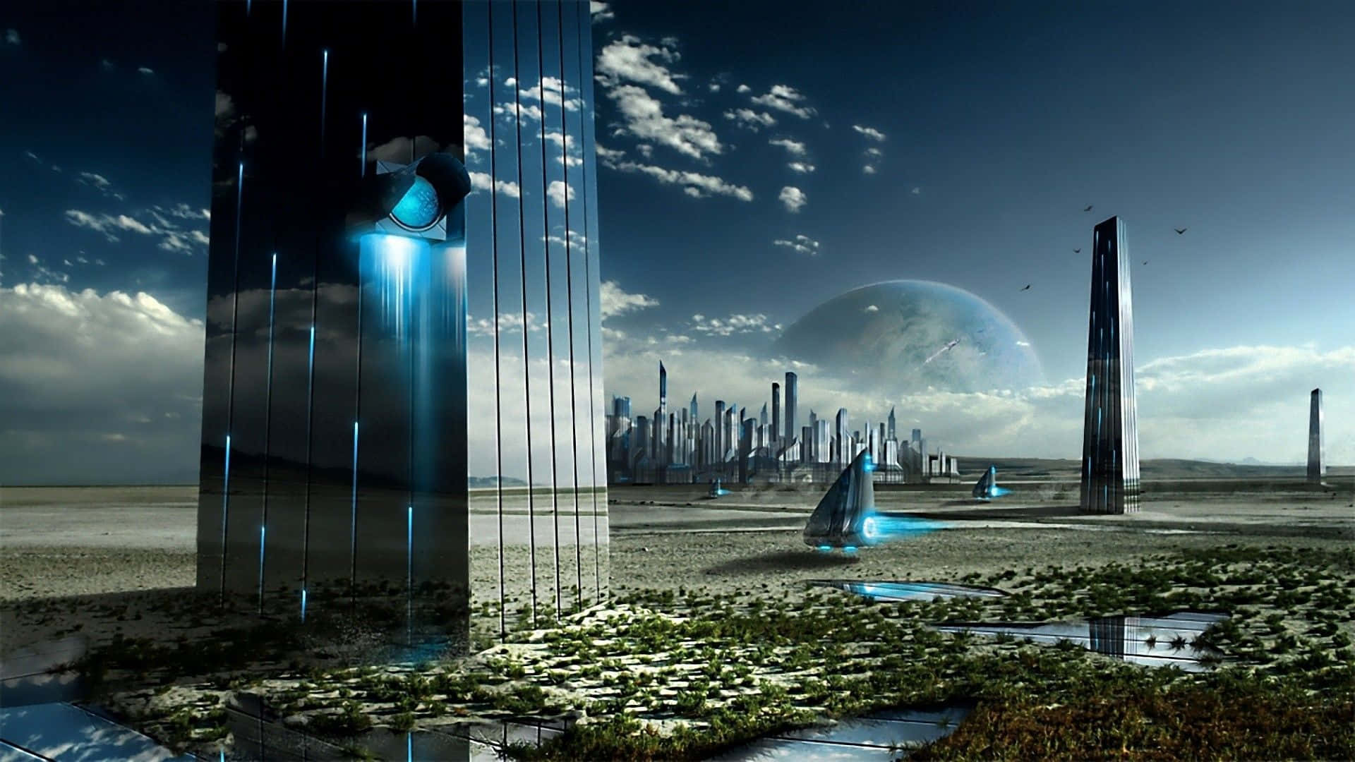 futuristic cityscape, towering glass skyscrapers, glowing blue energy beams, Full HD Desktop Wallpaper