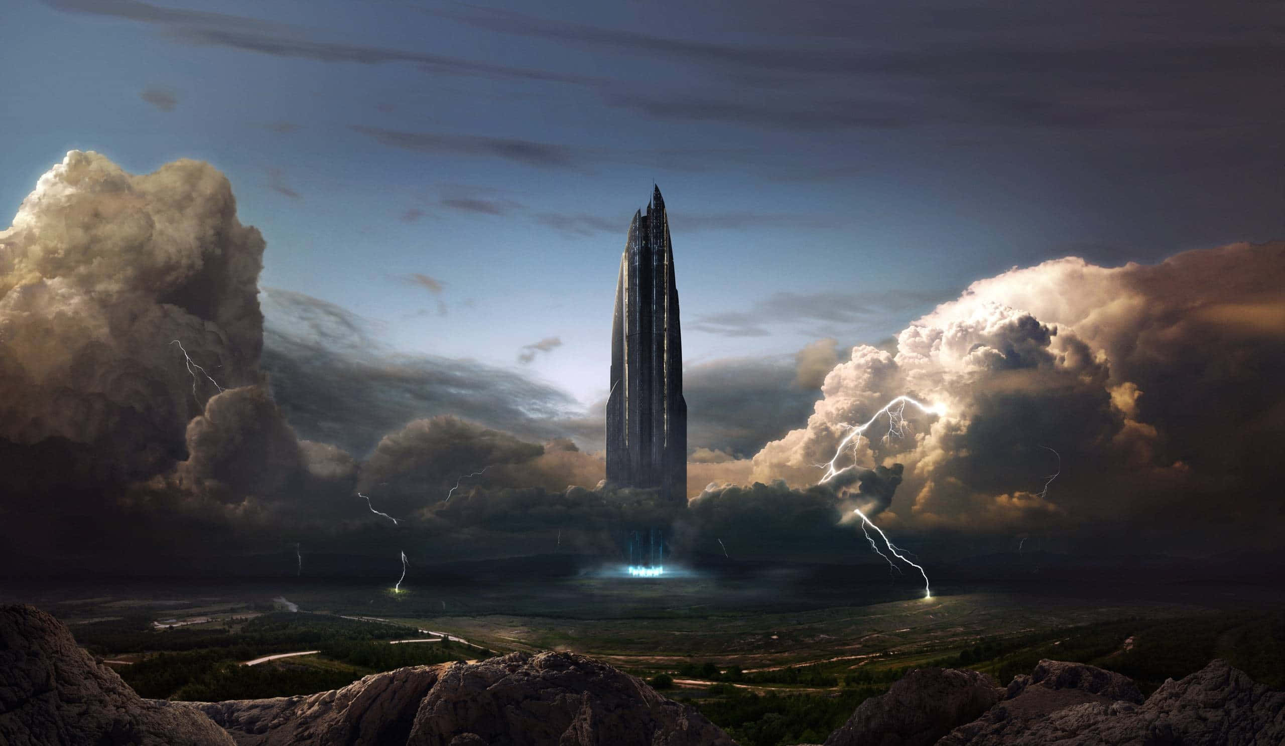 Cartoon Sci-fi, futuristic spire, stormy plain, 2K Desktop Wallpaper