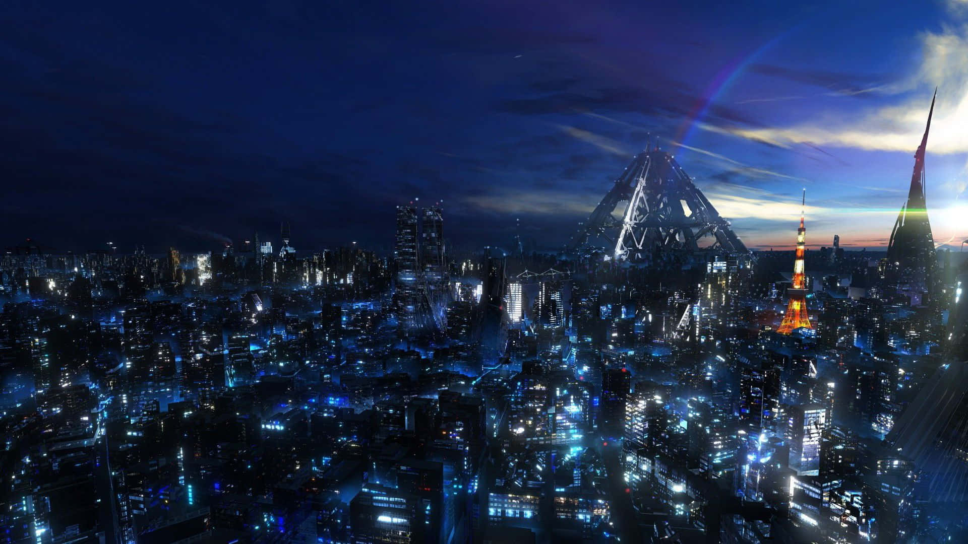 futuristic cityscape, twilight, glowing skyscrapers, Full HD Desktop Wallpaper
