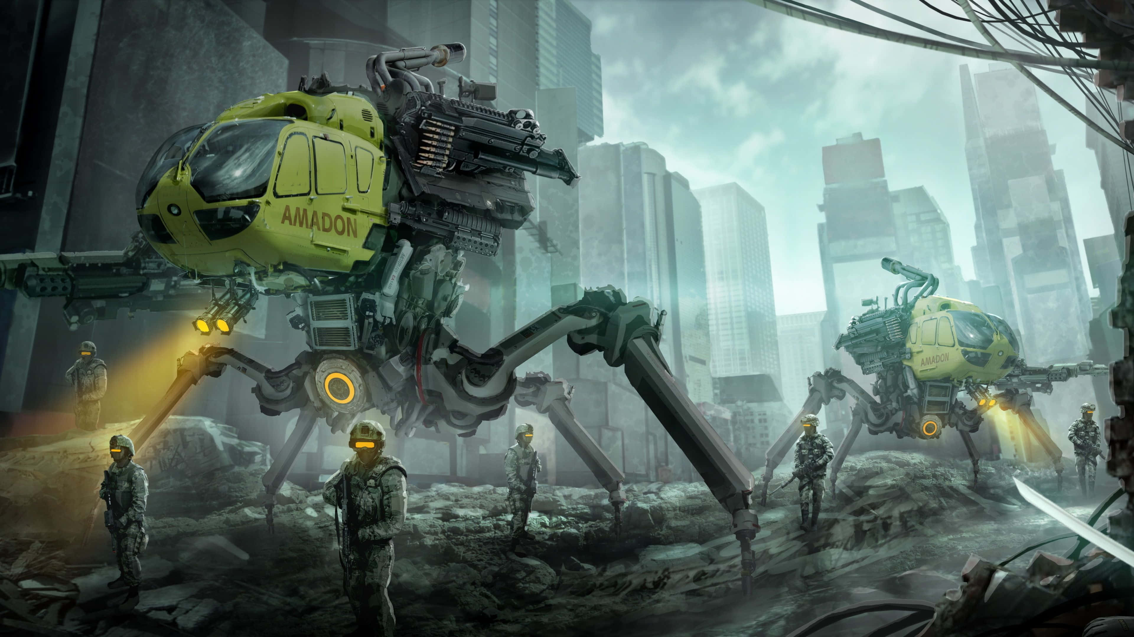 Cartoon Sci-fi, yellow mechanical walkers, ruined futuristic cityscape, 4K Desktop Wallpaper