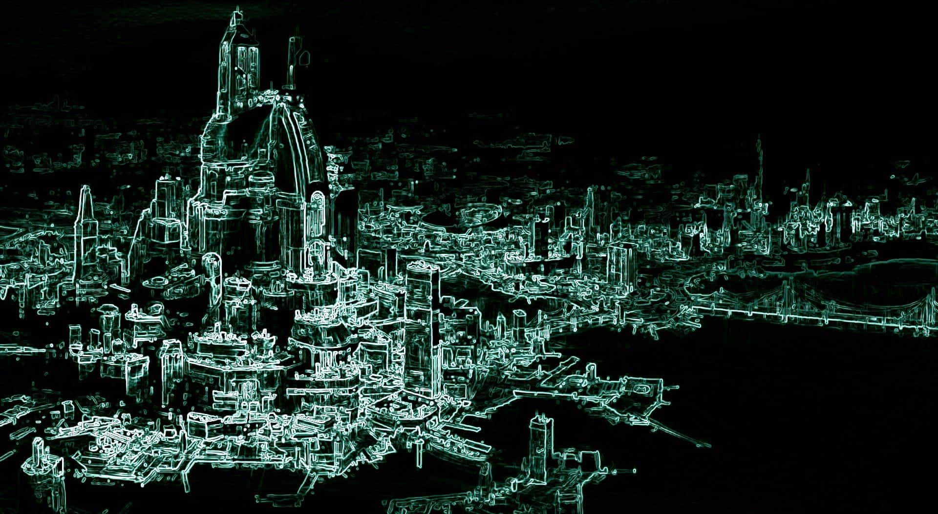 glowing teal wireframe, black void, futuristic cityscape, Full HD Desktop Wallpaper