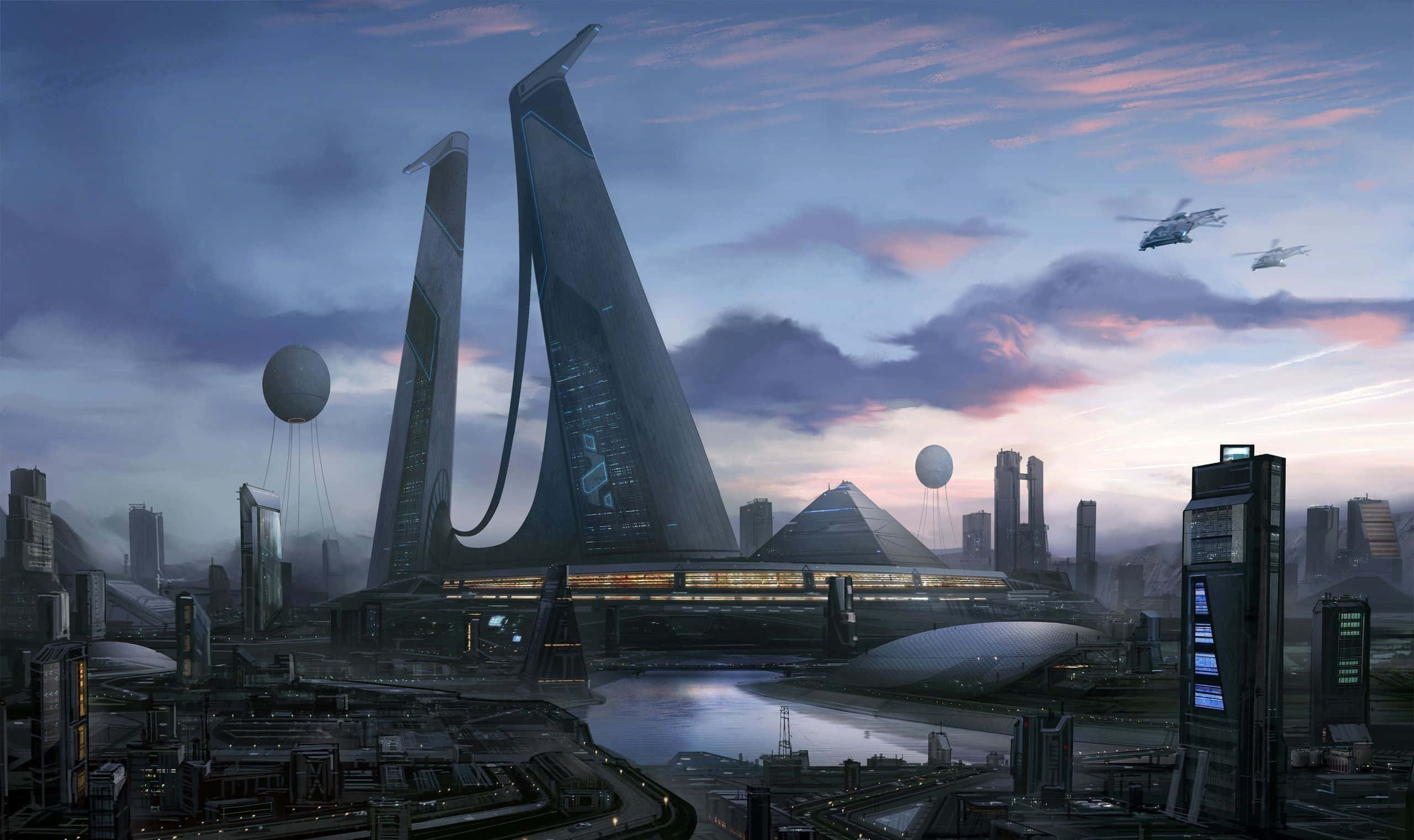 Futuristic City, Cartoon Sci-Fi World, towering spire buildings, 2K Desktop Wallpaper
