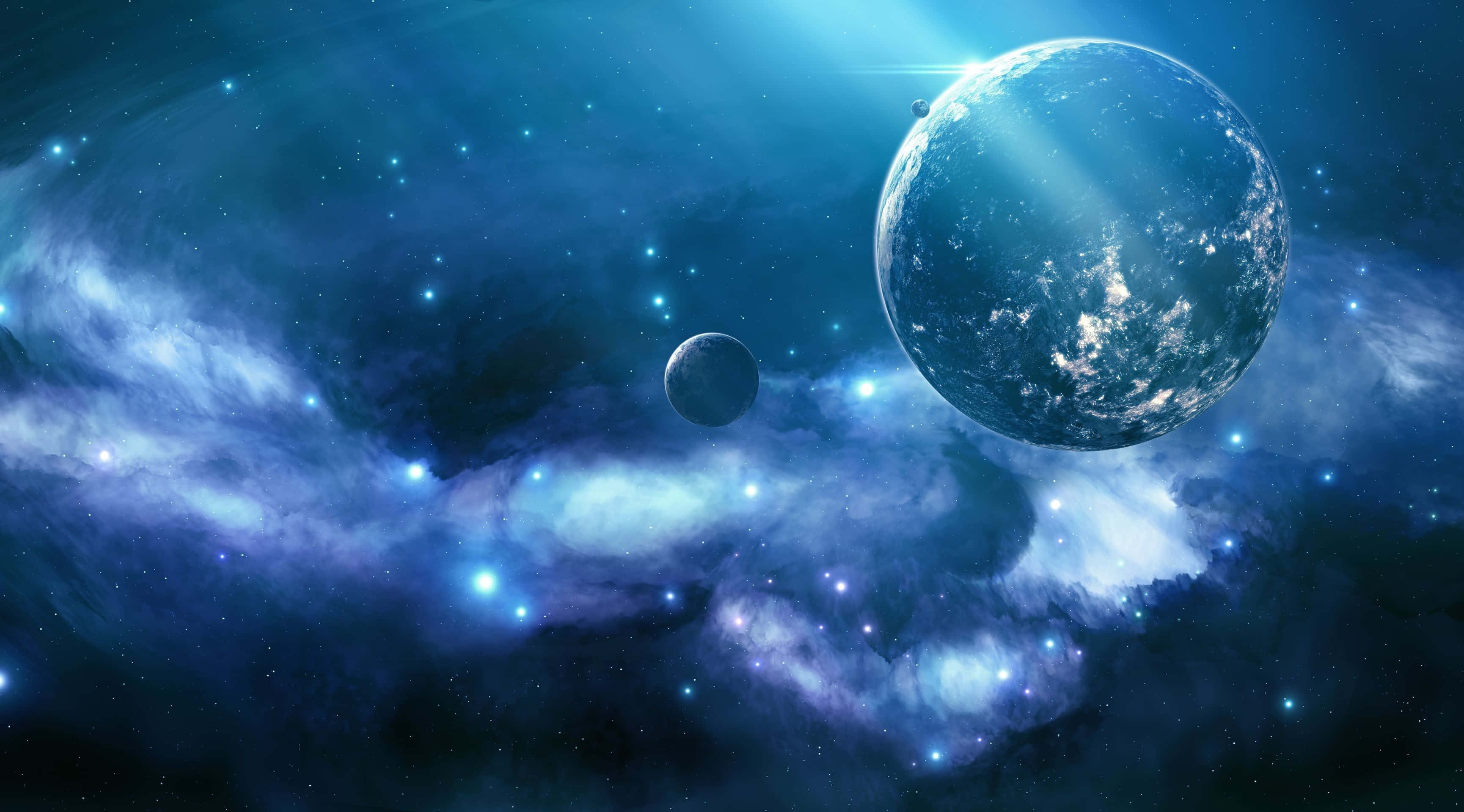 Futuristic Cartoon Sci-Fi Cityscape, blue planet, swirling clouds, 2K Desktop Wallpaper