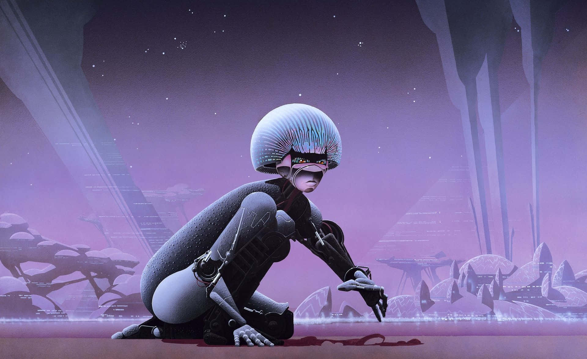 futuristic humanoid, sleek helmet, glowing purple alien landscape, Full HD Desktop Wallpaper
