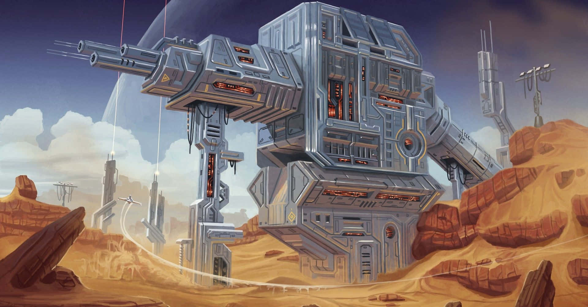 Cartoon Sci-fi, futuristic space station, barren desert landscape, Full HD Desktop Wallpaper