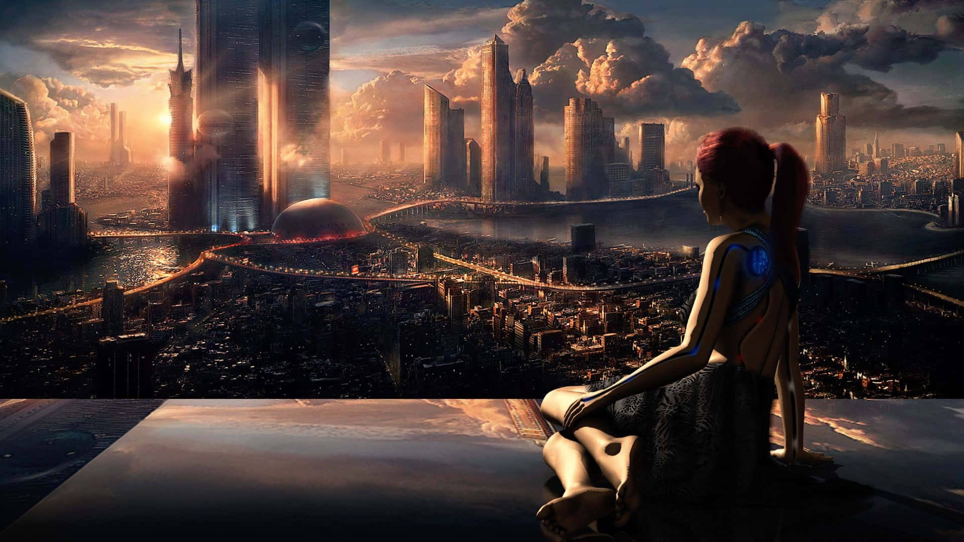 Cartoon Sci-fi, rooftop, futuristic cityscape, Full HD Desktop Wallpaper