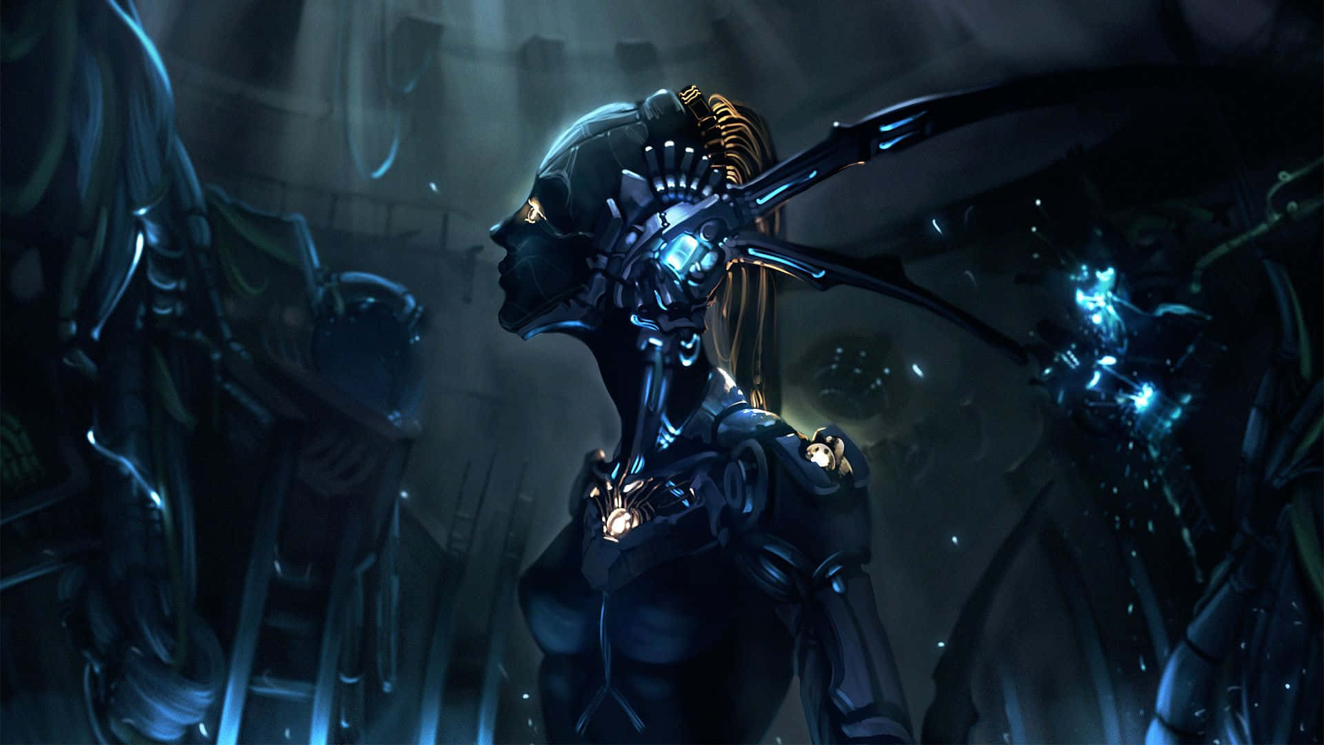 cybernetic humanoid, glowing blue circuits, mechanical limbs, Full HD Desktop Wallpaper