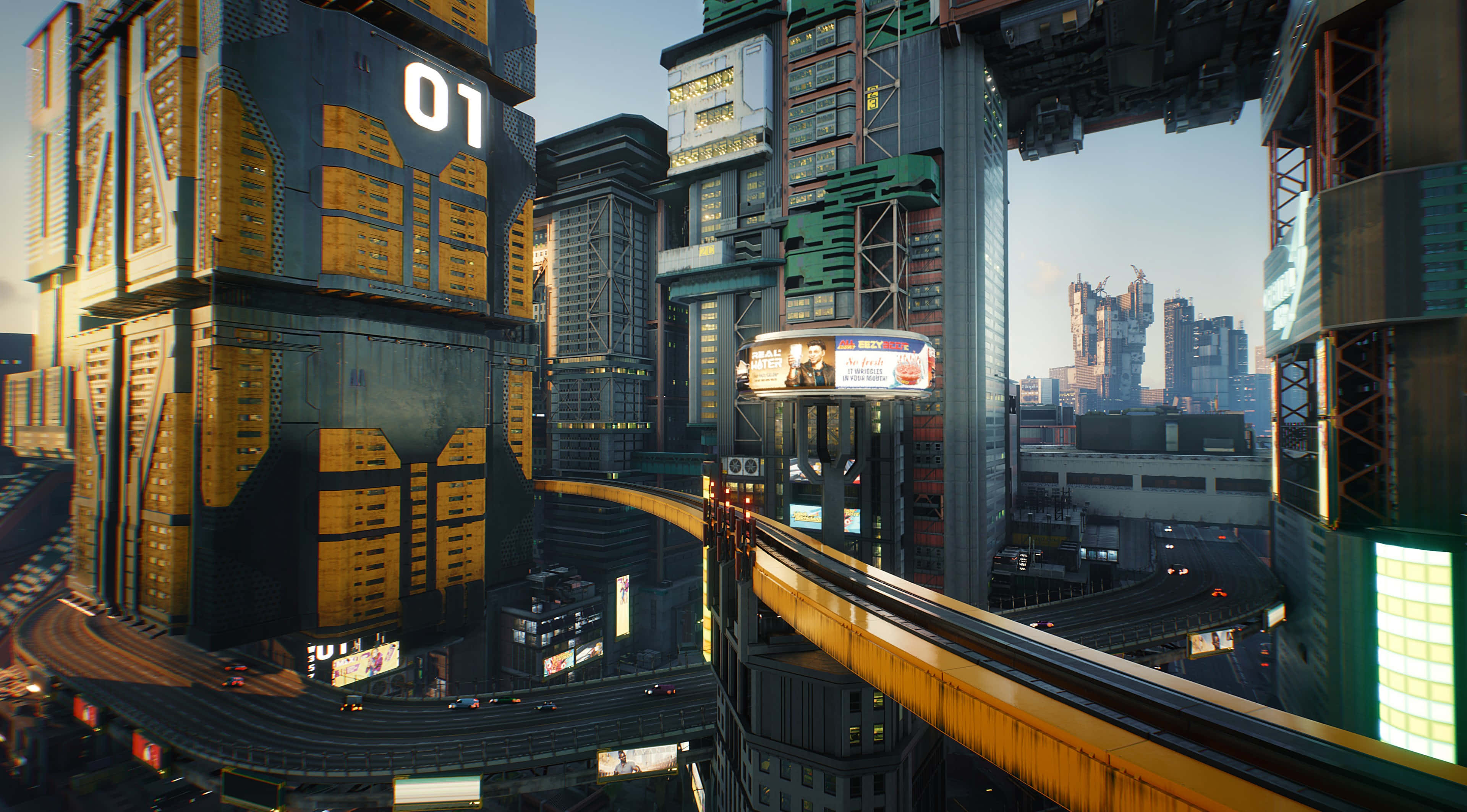 futuristic cityscape, towering skyscrapers, glowing neon signs, 4K Desktop Wallpaper
