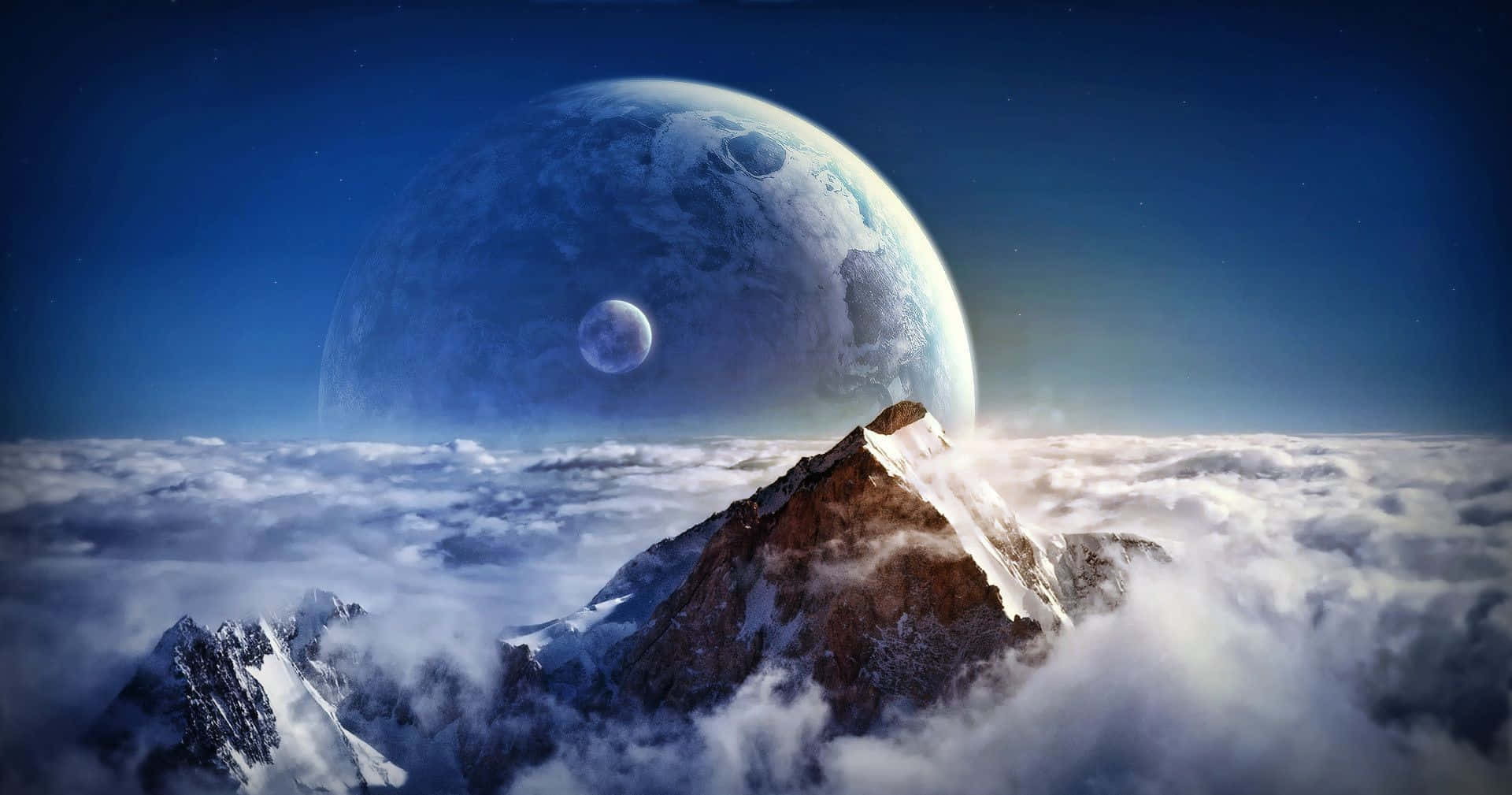Cartoon Sci-fi, snow-capped mountain peak, clouds, Full HD Desktop Wallpaper