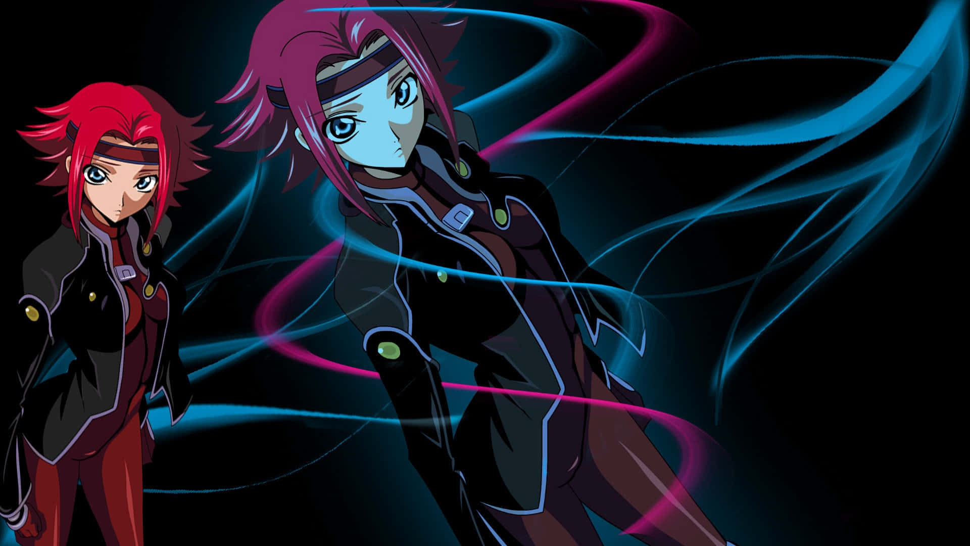 anime characters, red and magenta hair, dark background, Full HD Desktop Wallpaper