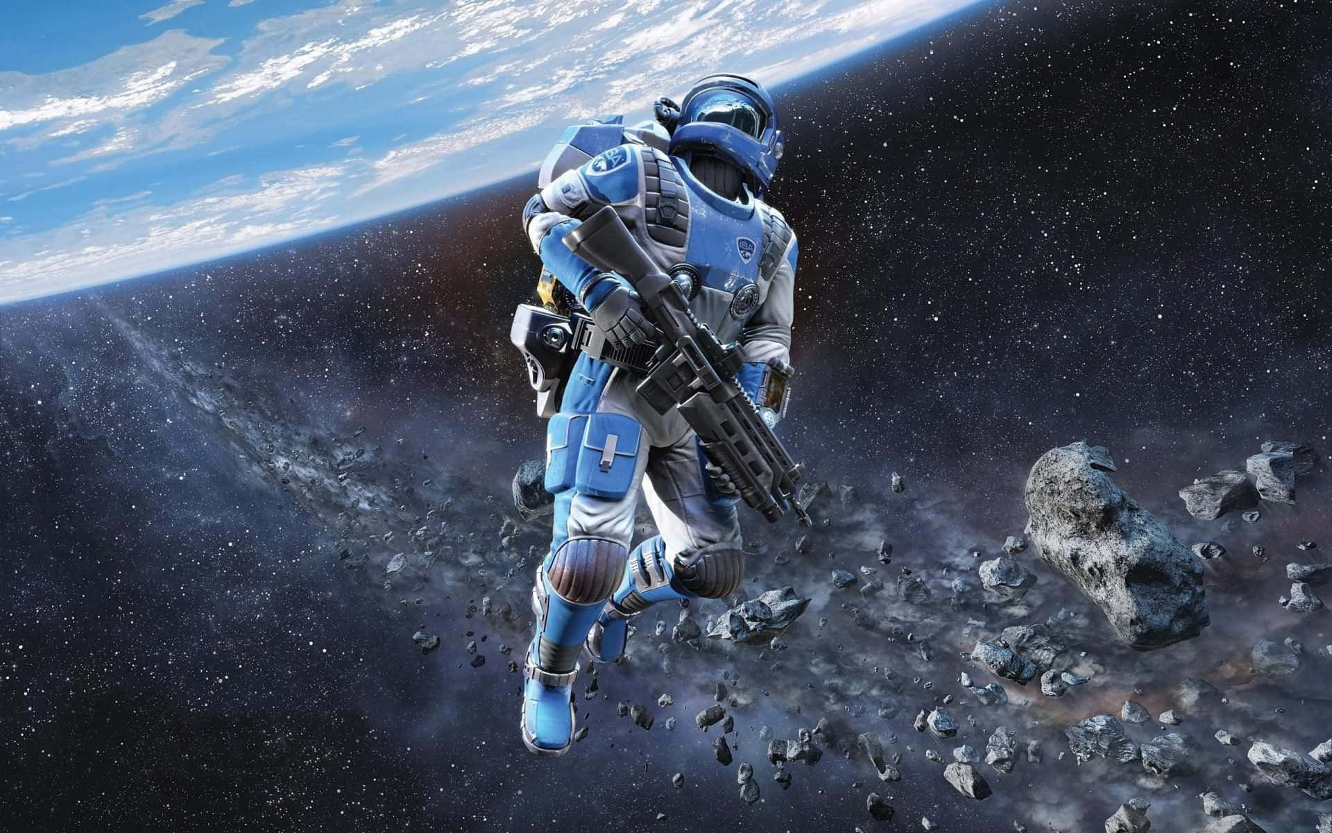 futuristic astronaut, blue armor, asteroids, Full HD Desktop Wallpaper