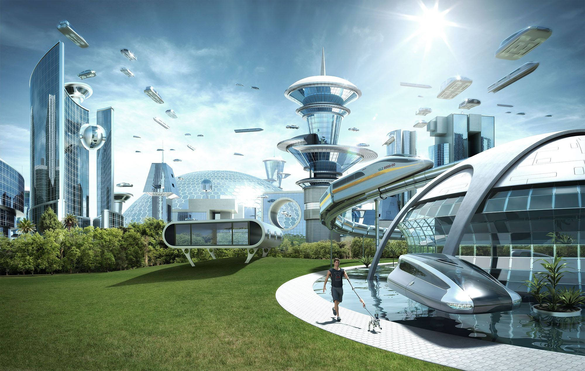 futuristic cityscape, sleek silver buildings, flying vehicles, Full HD Desktop Wallpaper
