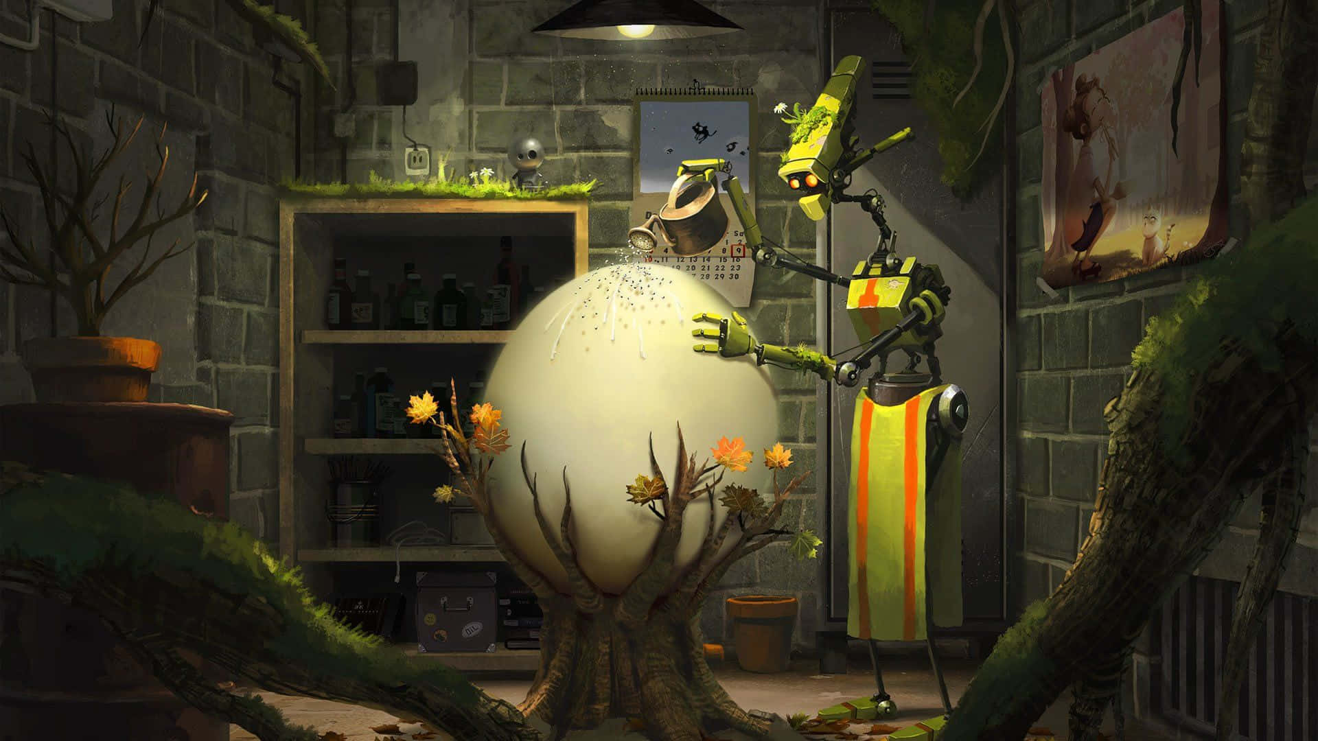 green robot, giant glowing egg, tree stump, Full HD Desktop Wallpaper