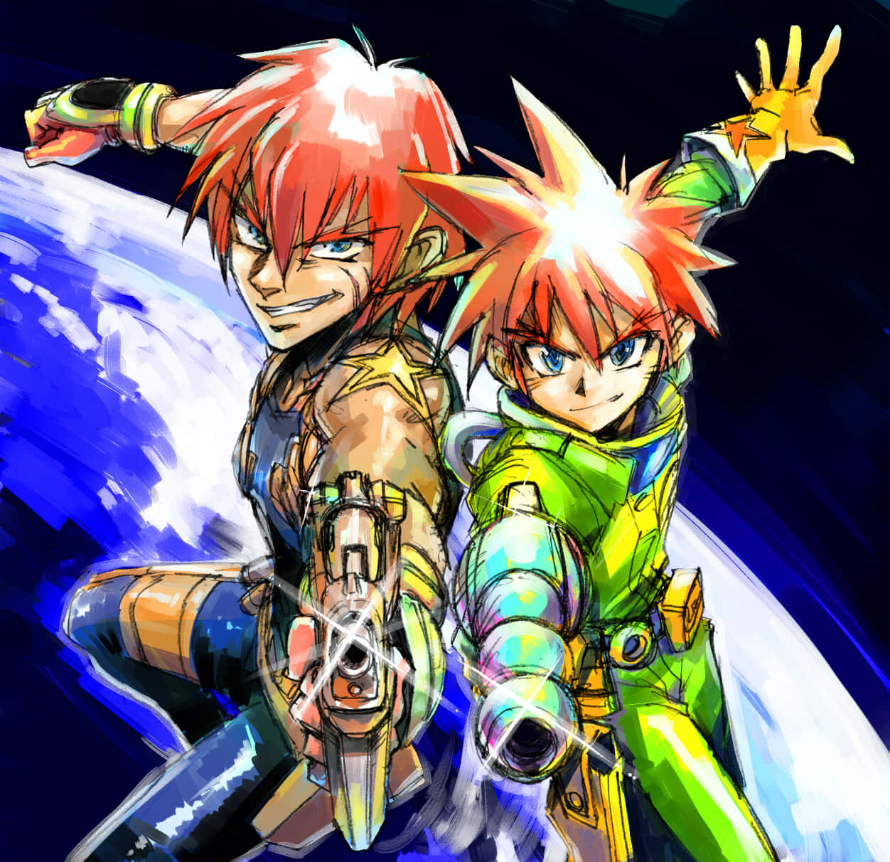 anime-style warriors, spiky red hair, futuristic guns, SD Desktop Wallpaper