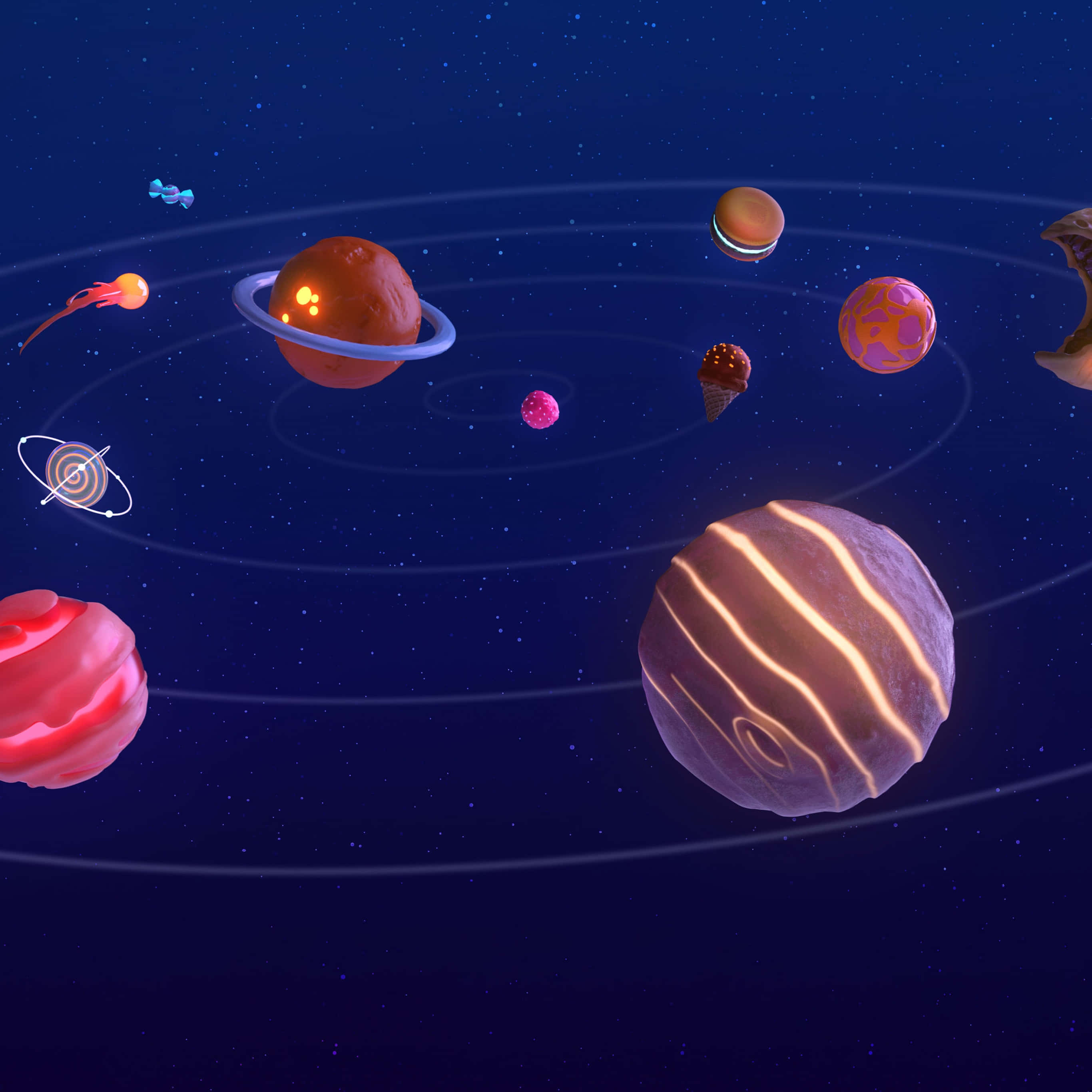 Cartoon Science, solar system, planets shaped like desserts and candy, 2K Desktop Wallpaper