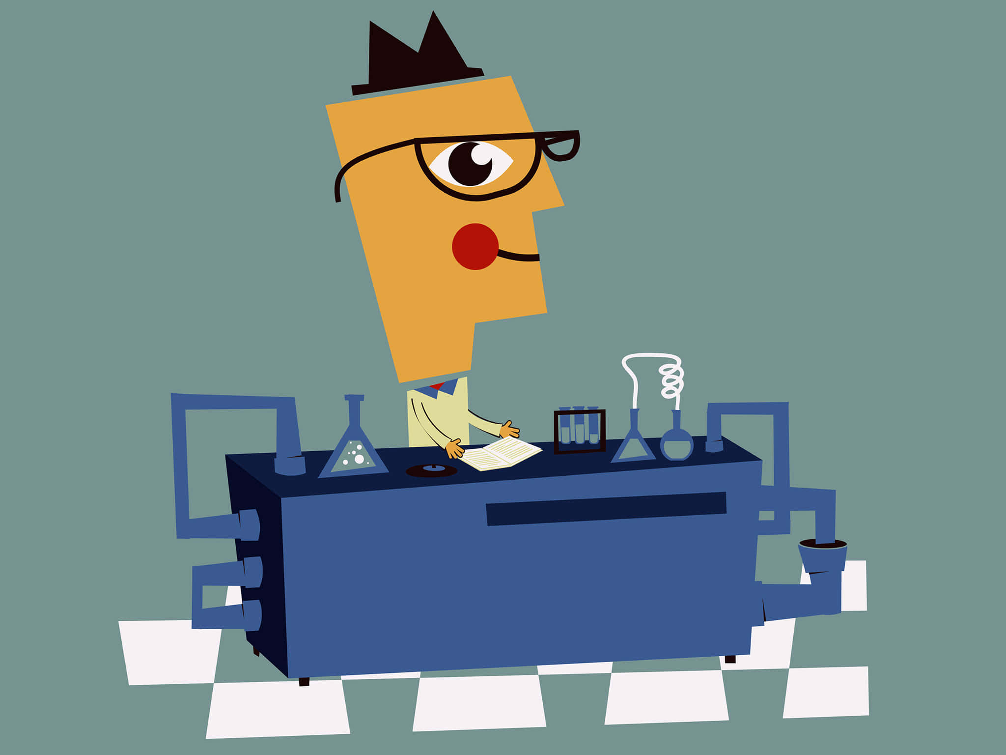cartoon science, blue lab bench, glassware, Full HD Desktop Wallpaper