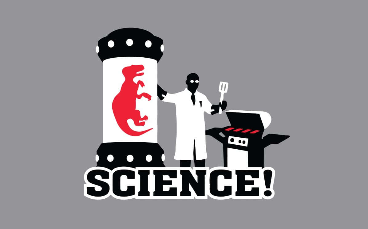 Cartoon Science, red dinosaur, test tube, SD Desktop Wallpaper