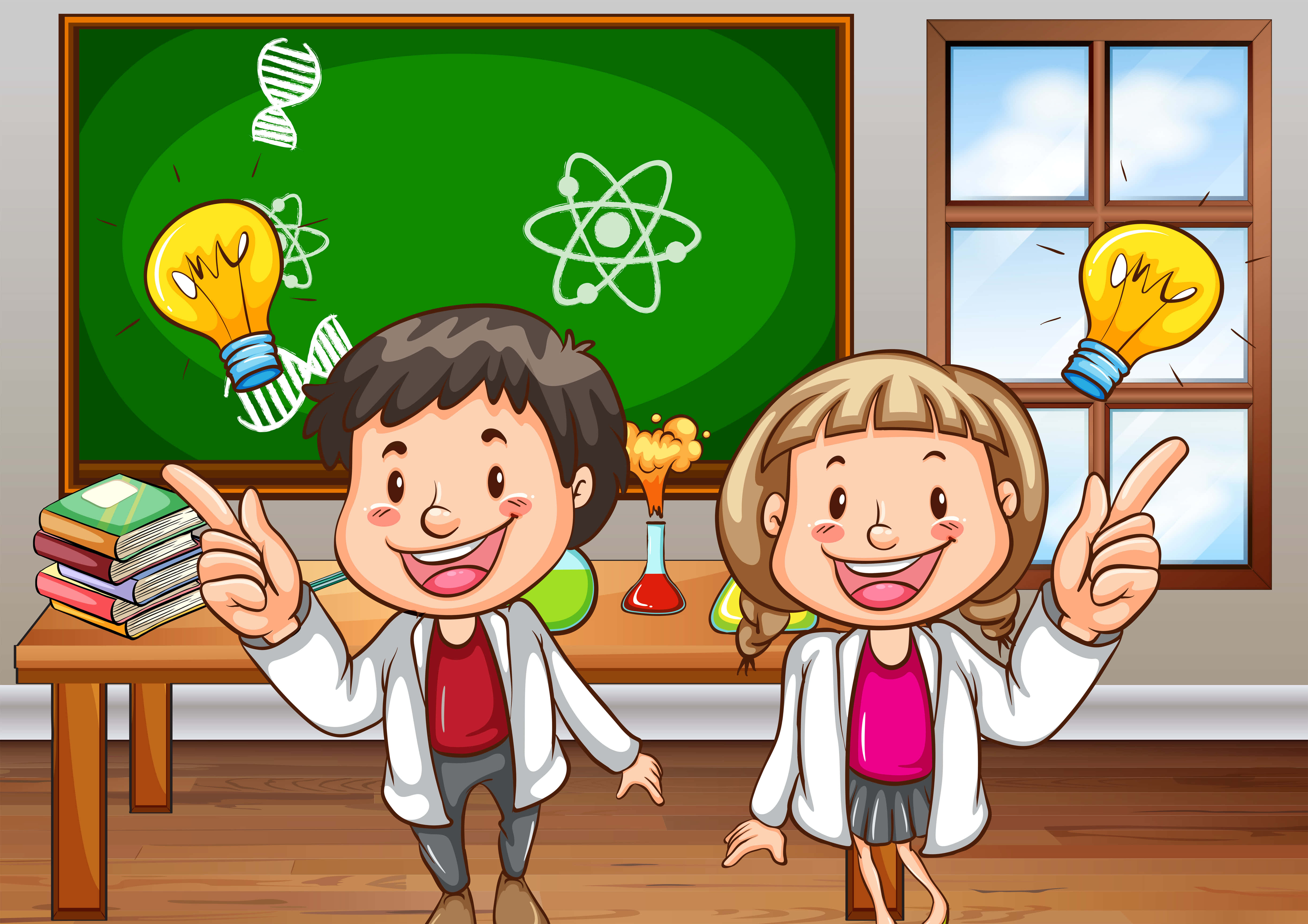 cartoon science, lab coats, glowing light bulbs, 5K Desktop Wallpaper