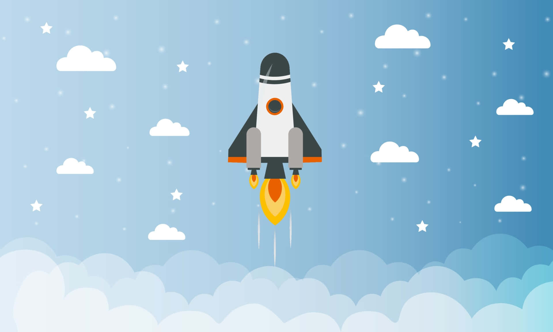 Cartoon Science, rocket, fluffy clouds, Full HD Desktop Wallpaper