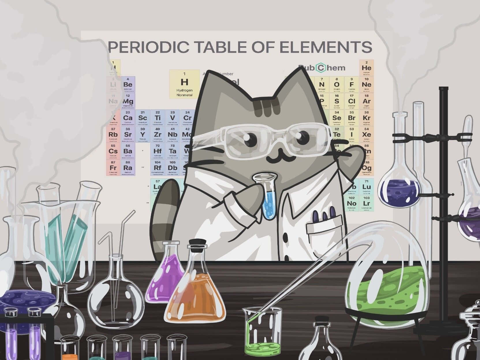 cartoon cat, lab coat, goggles, HD Desktop Wallpaper