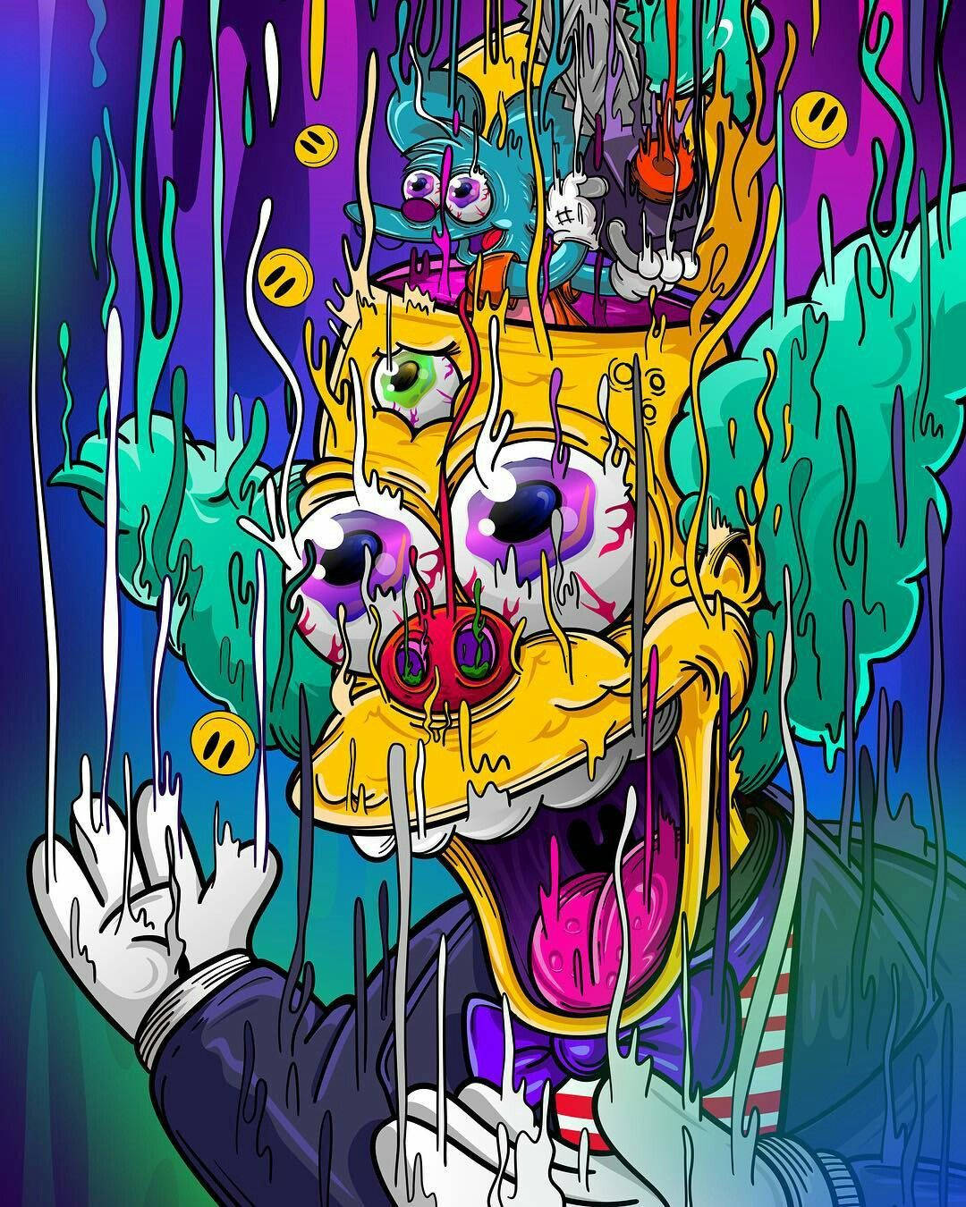 yellow cartoon character, melting features, dripping paint, HD Phone Wallpaper
